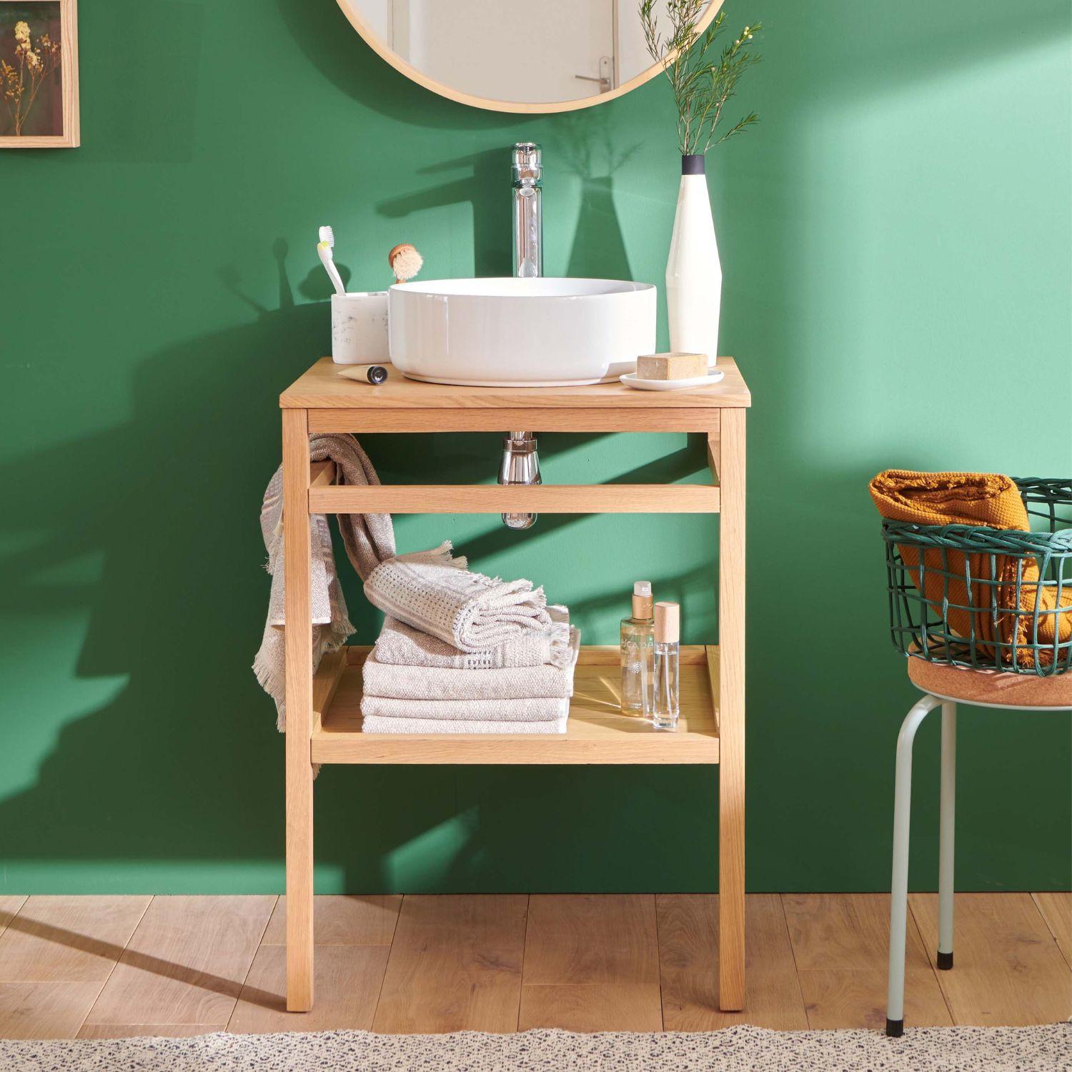 Meuble de salle de bain en chêne avec vasque ronde et robinet