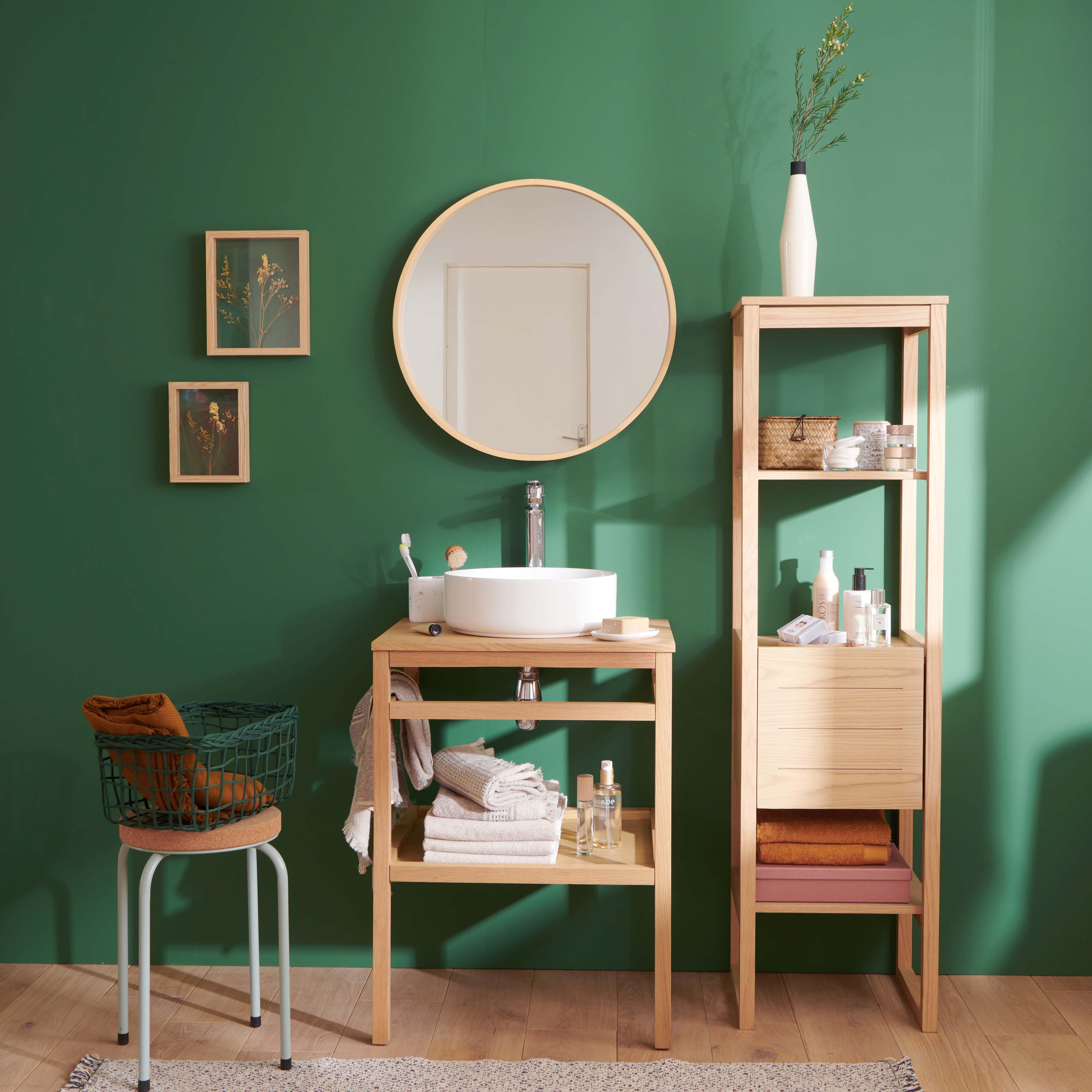 Meuble de salle de bain en chêne avec vasque ronde robinet miroir et colonne