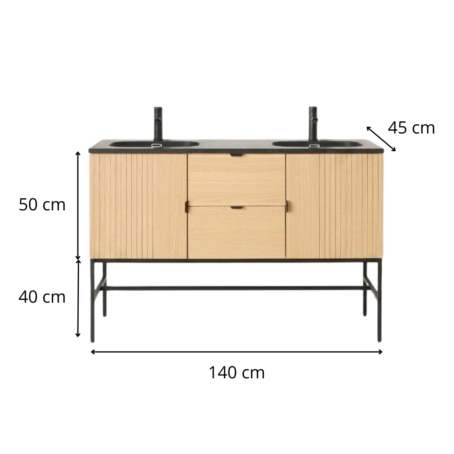 Meuble de salle de bain en chêne avec plan vasque noir et robinets noir