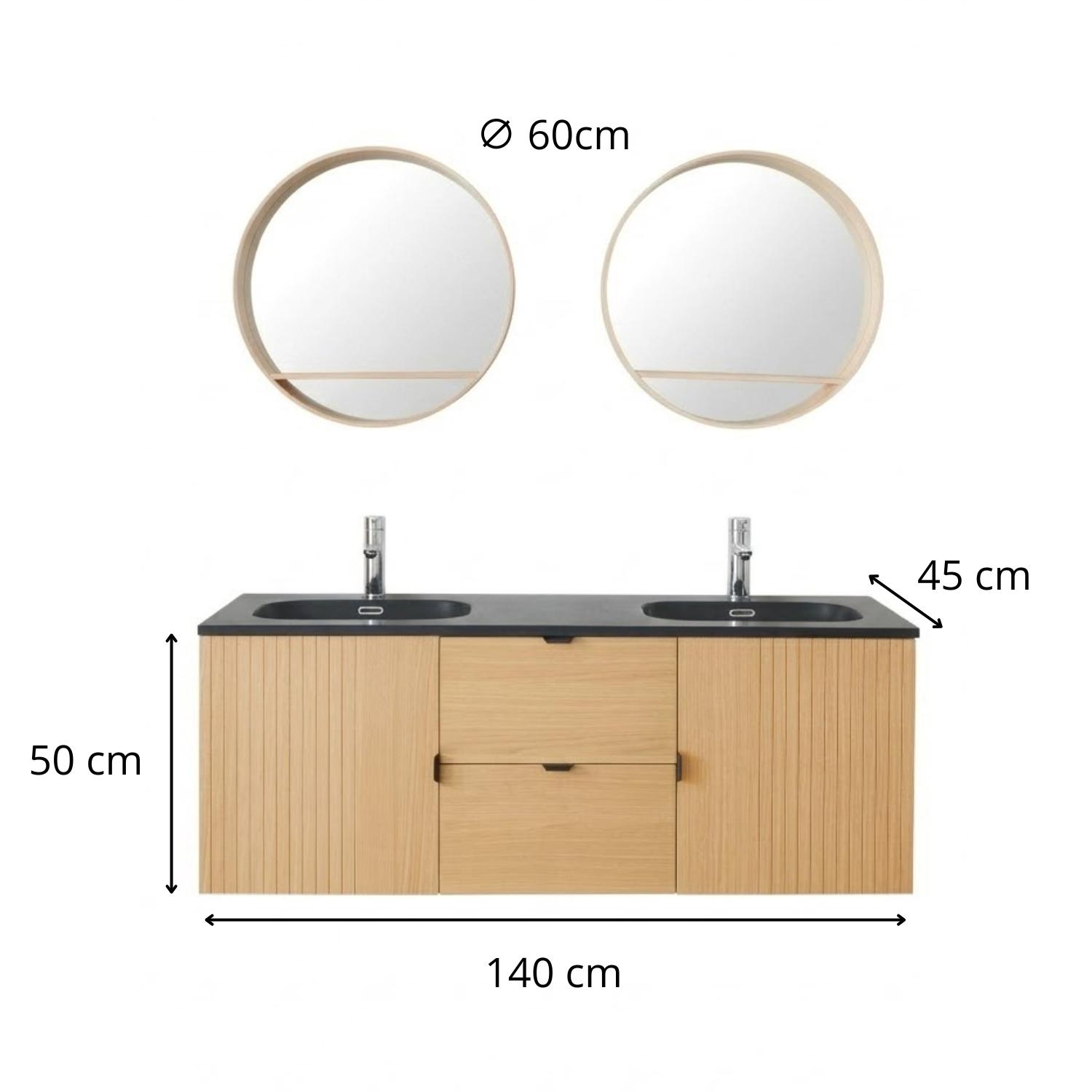 Meuble de salle de bain en chêne avec robinets chromés et miroir ronds