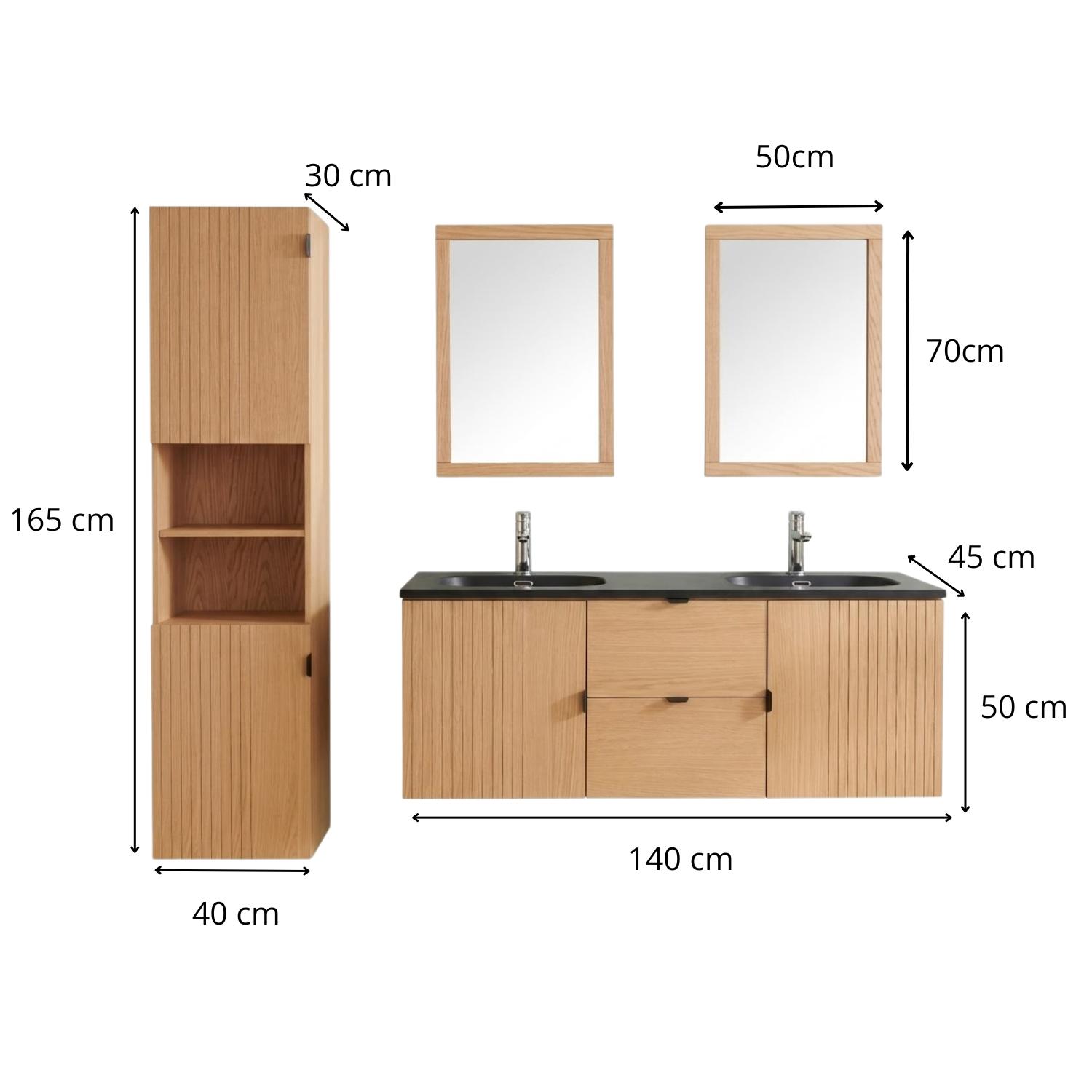 Meuble de salle de bain en chêne avec robinets chromés, miroirs carrés et colonne