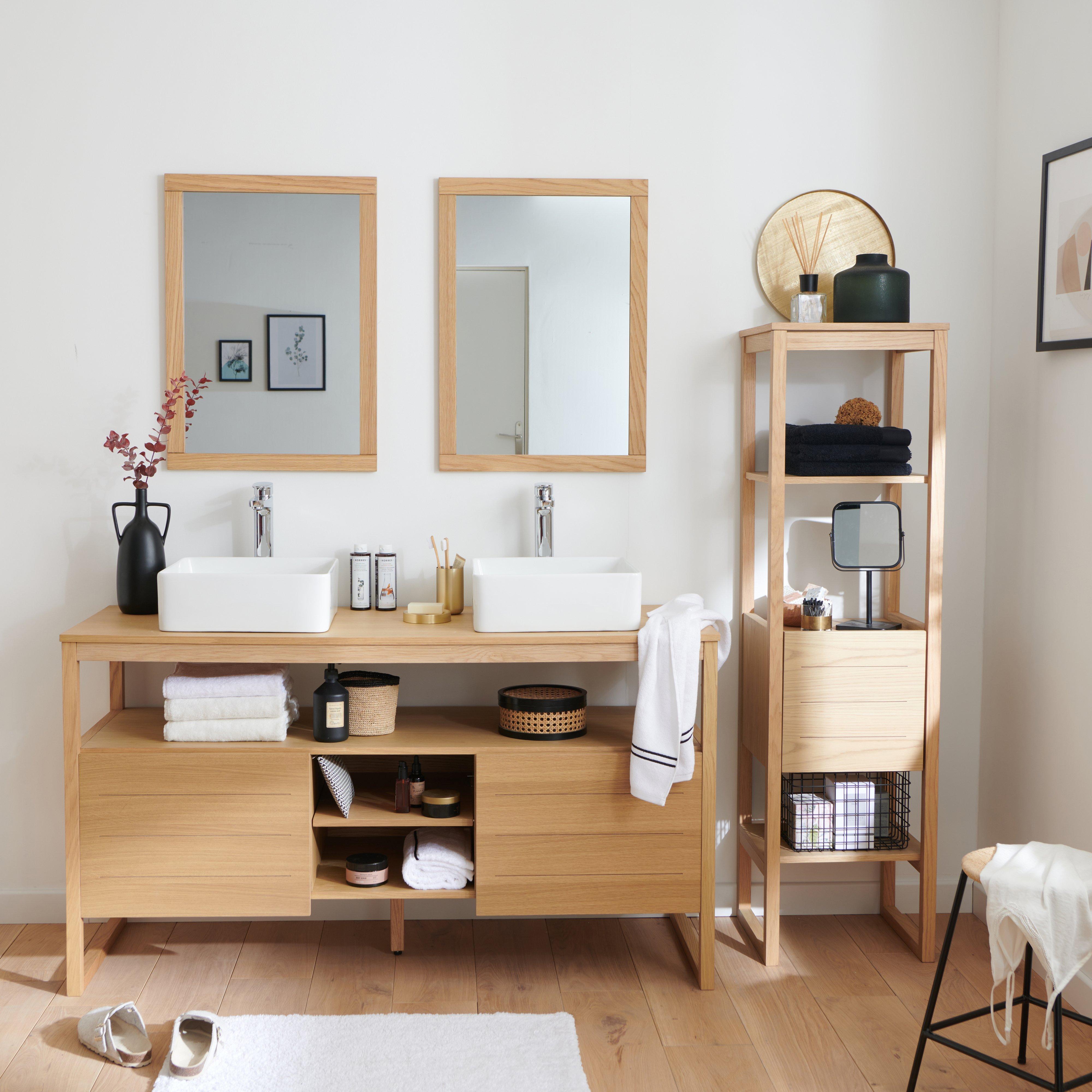 Ensemble salle de bain 140cm double vasque chêne naturel avec colonne, vasques carrées blanches, miroirs et robinets