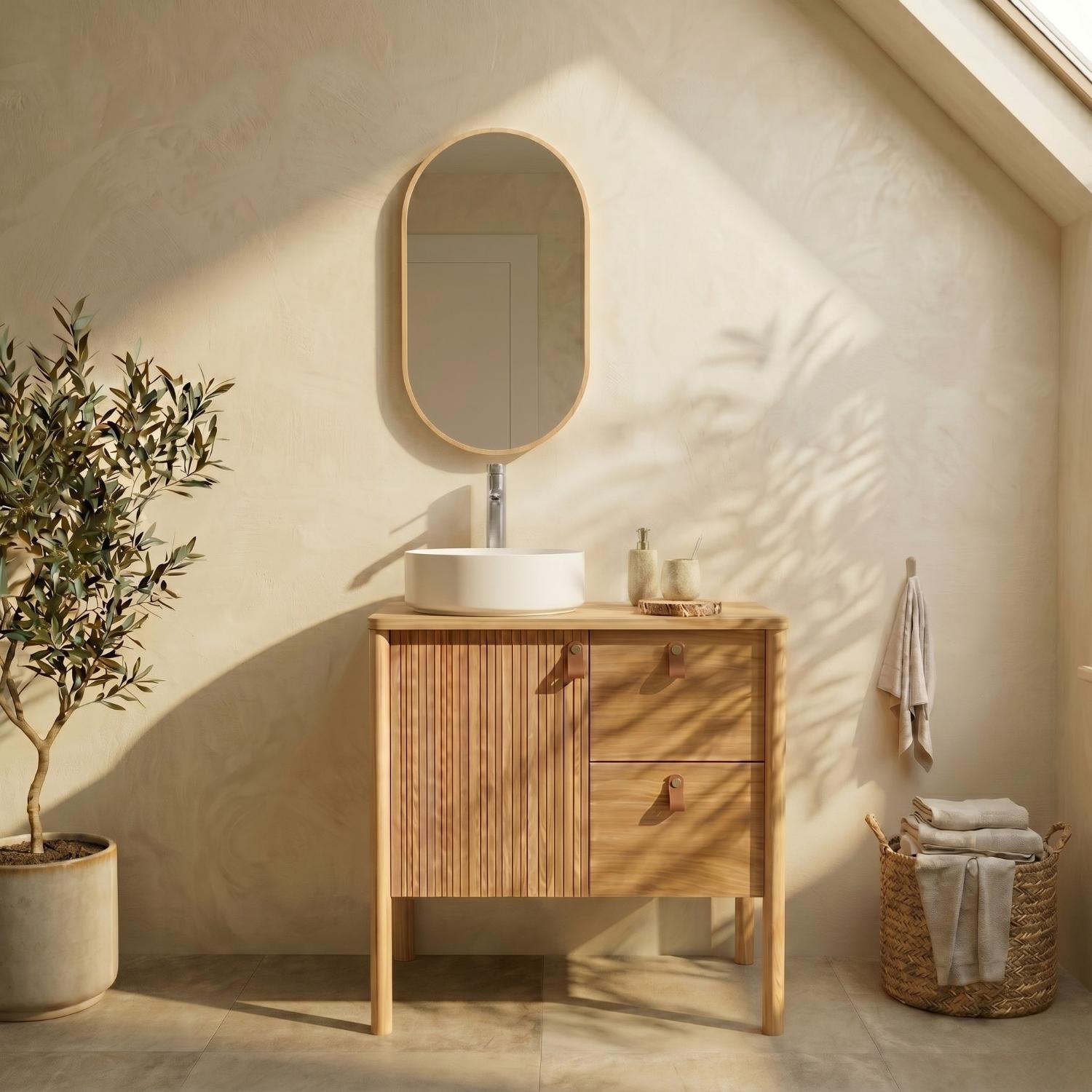 Ensemble simple vasque 80 cm sur pieds en placage chêne avec vasque en céramique blanche, robinet et miroir ovale