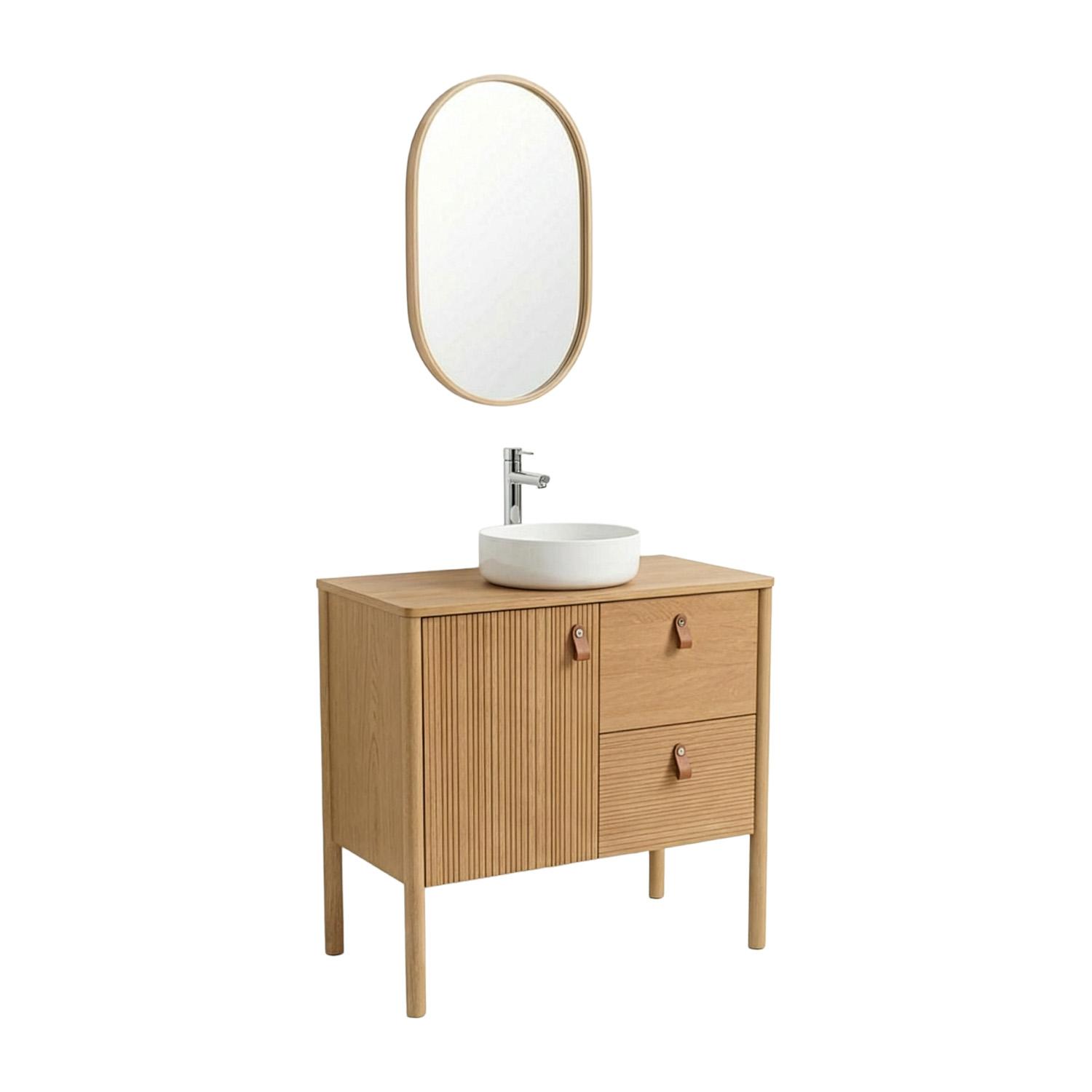 Ensemble simple vasque 80 cm sur pieds en placage chêne avec vasque en céramique blanche, robinet et miroir ovale