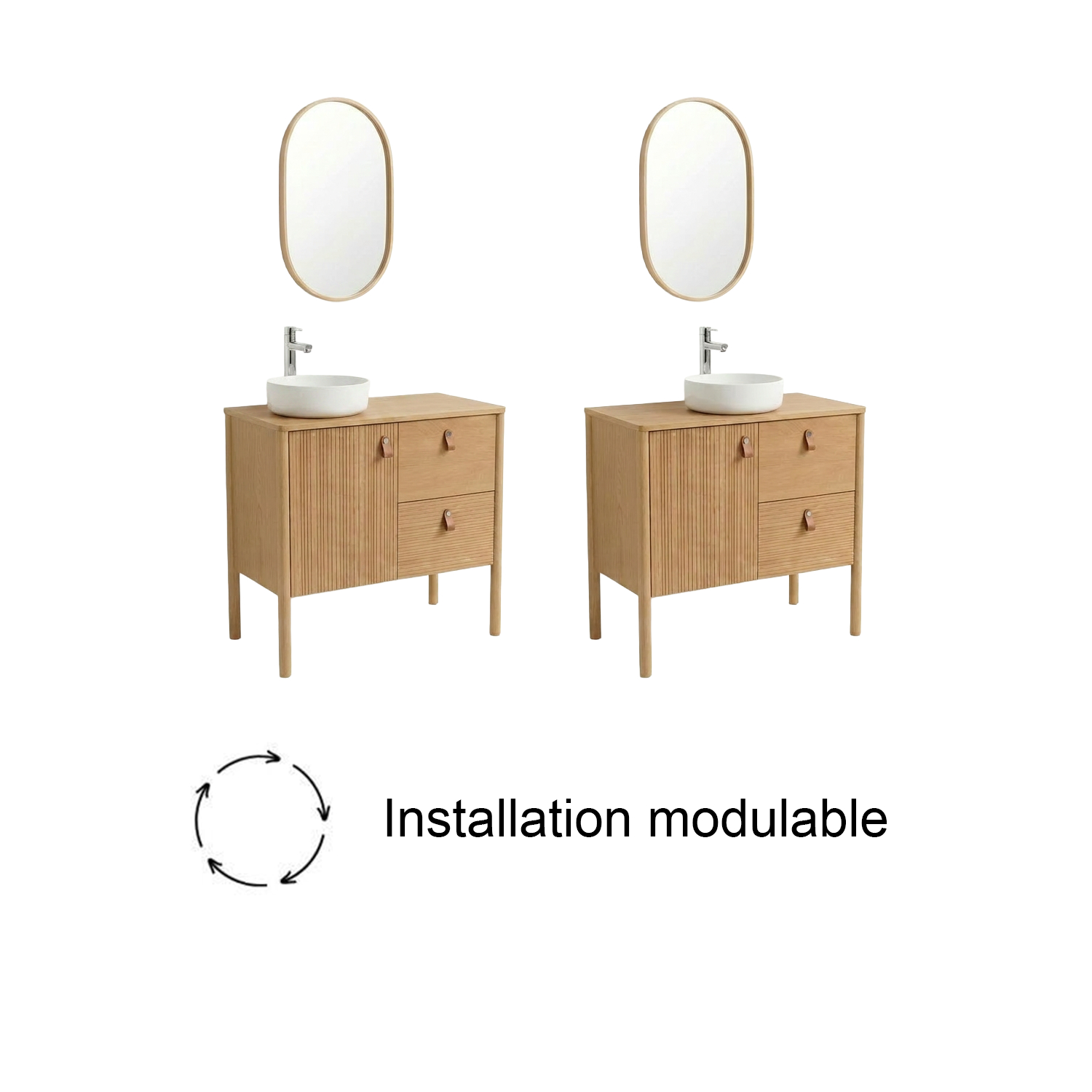 Ensemble meuble simple vasque 80cm en chêne avec vasque blanche, miroir, robinet et colonne