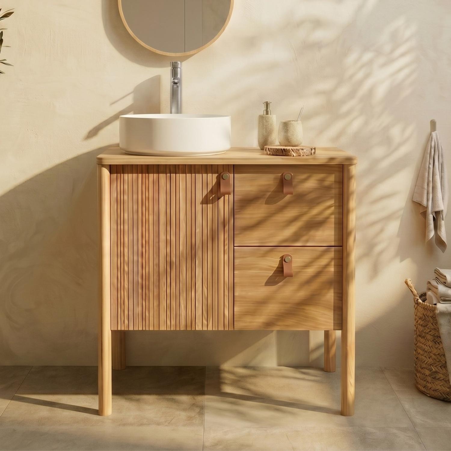 Ensemble simple vasque 80 cm sur pieds en placage chêne avec vasque en céramique blanche 