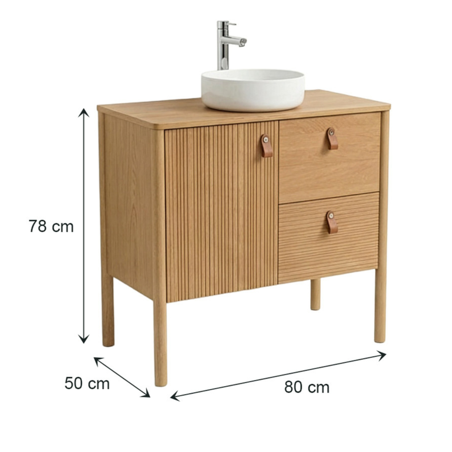 Ensemble simple vasque 80 cm sur pieds en placage chêne avec vasque en céramique blanche 