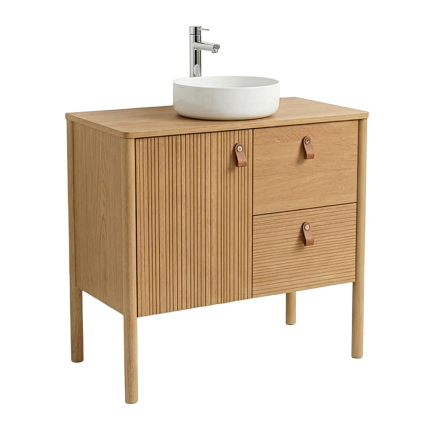 Ensemble simple vasque 80 cm sur pieds en placage chêne avec vasque en céramique blanche et robinet