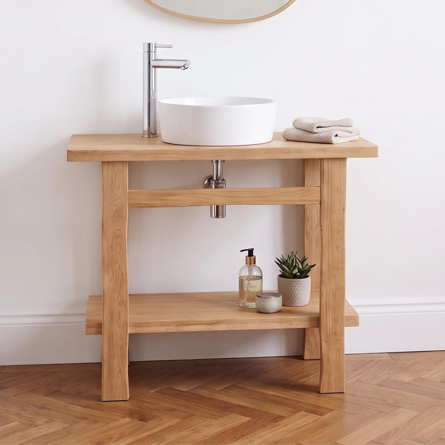 Meuble simple vasque sur pieds 95cm en chêne massif esprit établi - sans vasque