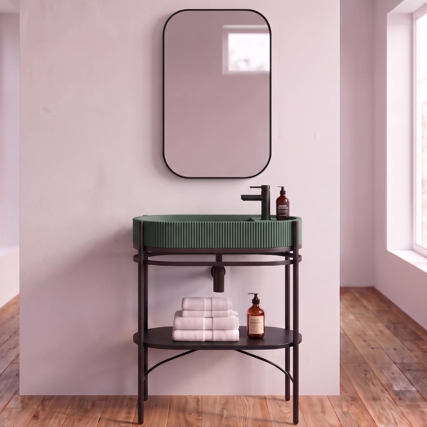 Meuble simple vasque sur pieds 80cm en métal noir et vasque béton  et robinet noir et miroir
