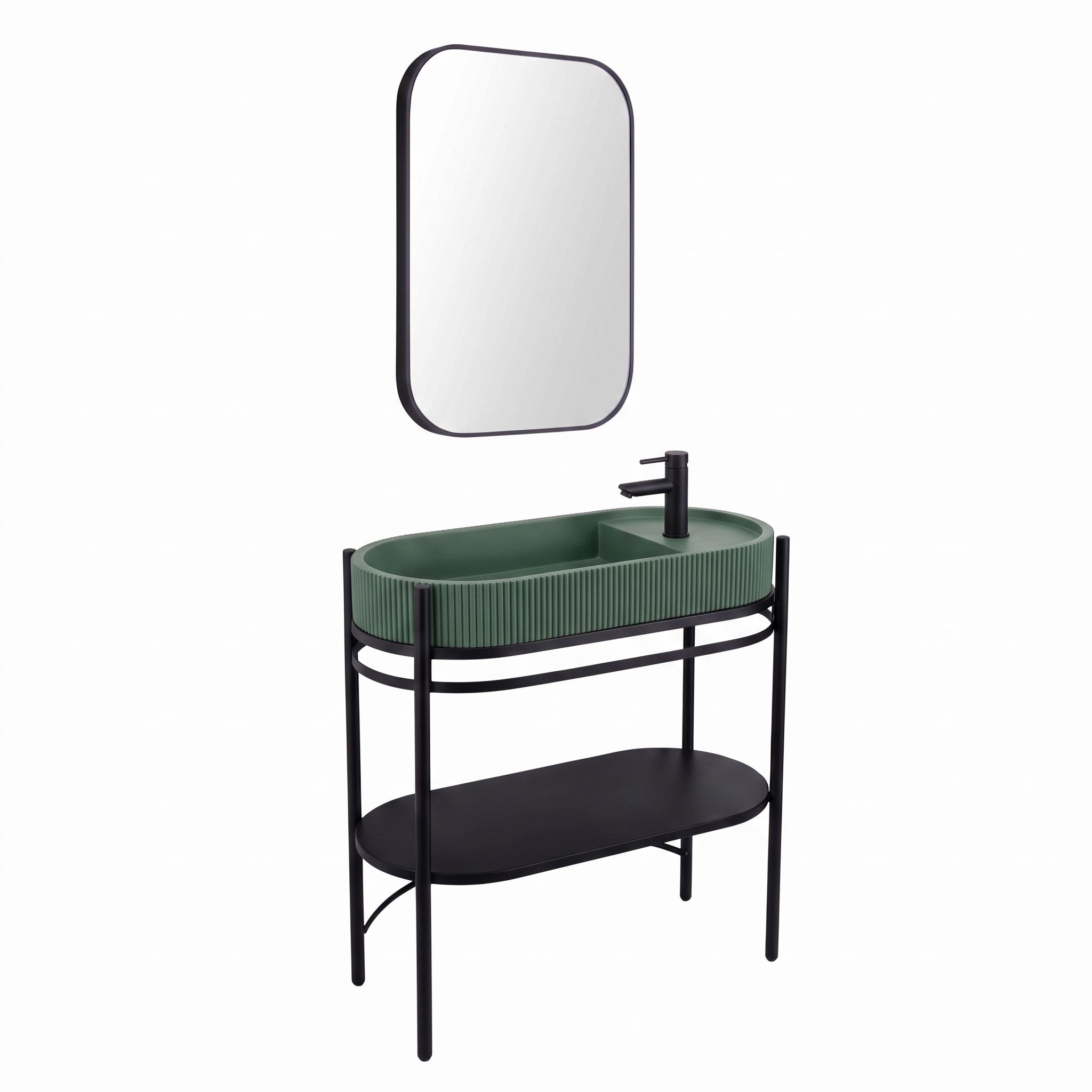 Meuble simple vasque sur pieds 80cm en métal noir et vasque béton  et robinet noir et miroir