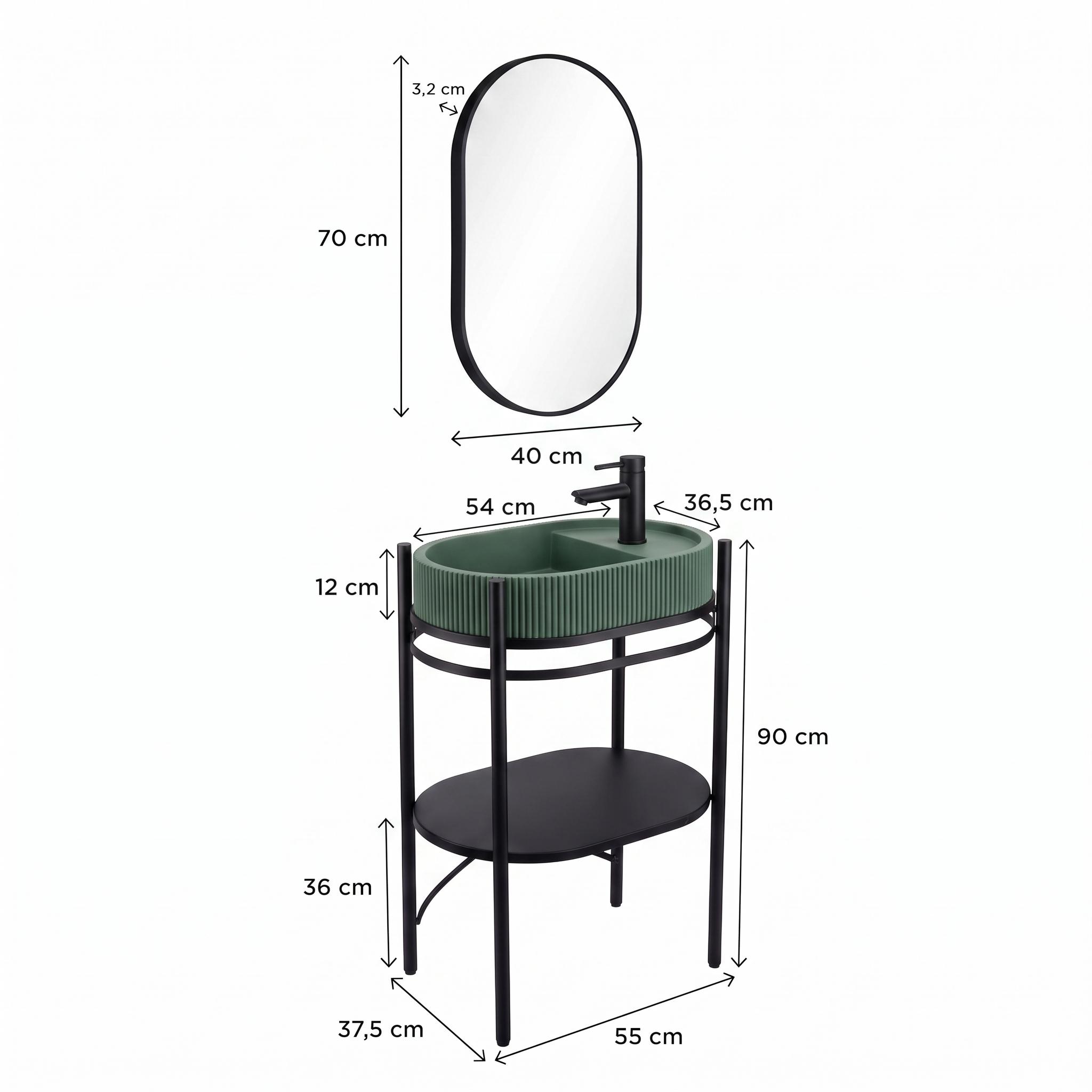 Meuble simple vasque sur pieds 55cm en métal noir et vasque béton  et robinet noir et miroir