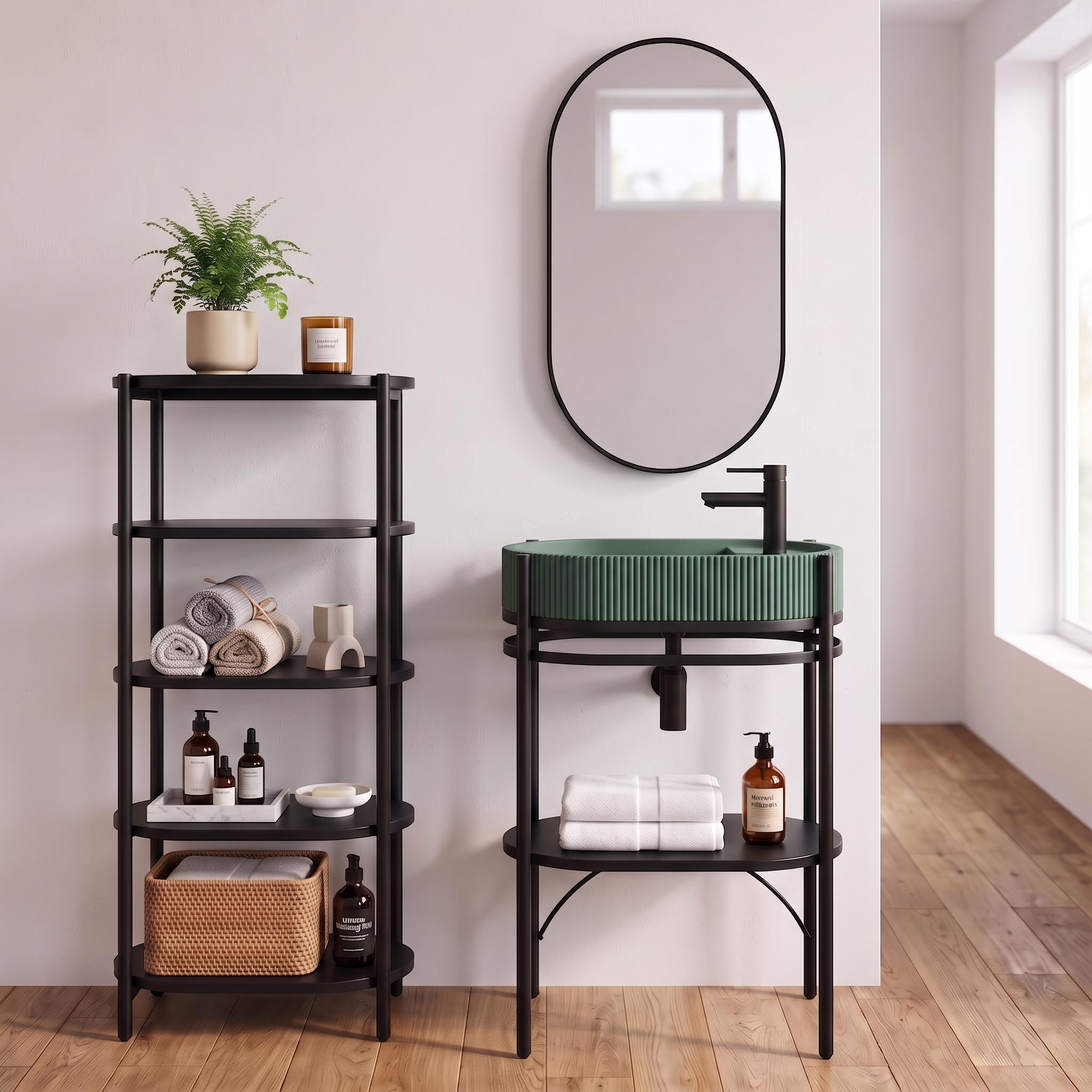 Meuble simple vasque sur pieds 55cm en métal noir et vasque béton  et robinet noir et miroir