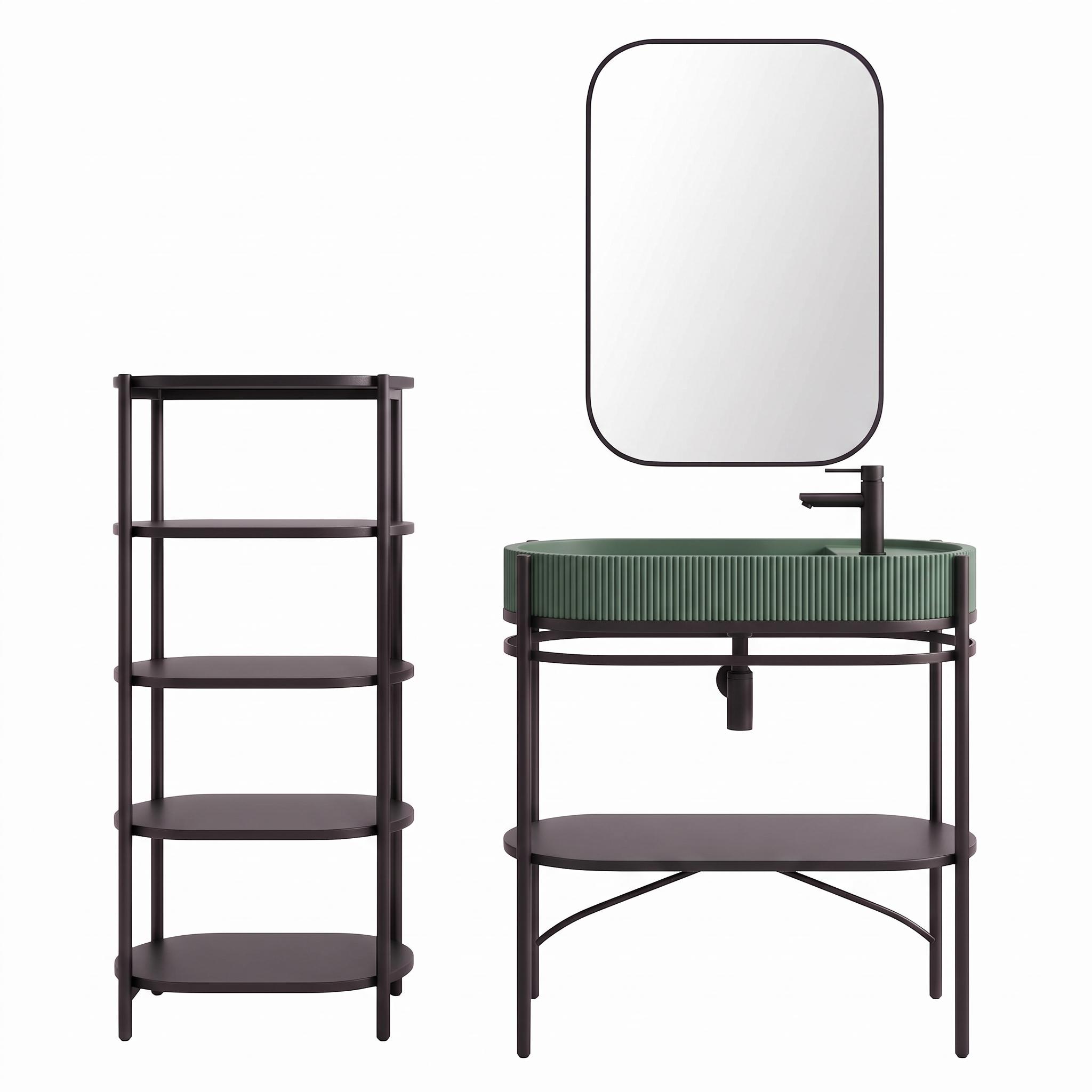 Meuble simple vasque sur pieds 80cm en métal noir et vasque béton  et robinet noir, miroir et colonne