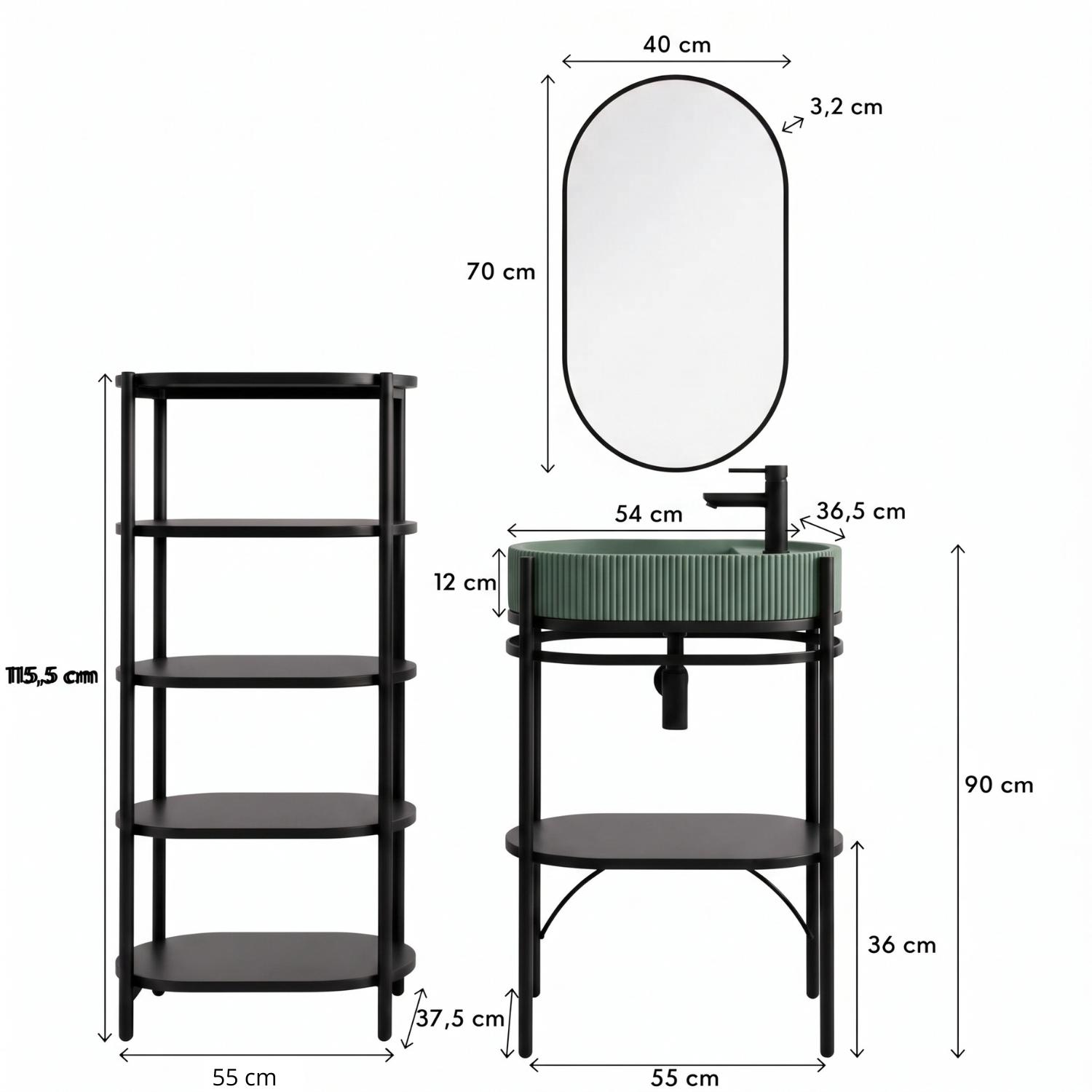 Meuble simple vasque sur pieds 55cm en métal noir et vasque béton  et robinet noir, miroir et colonne