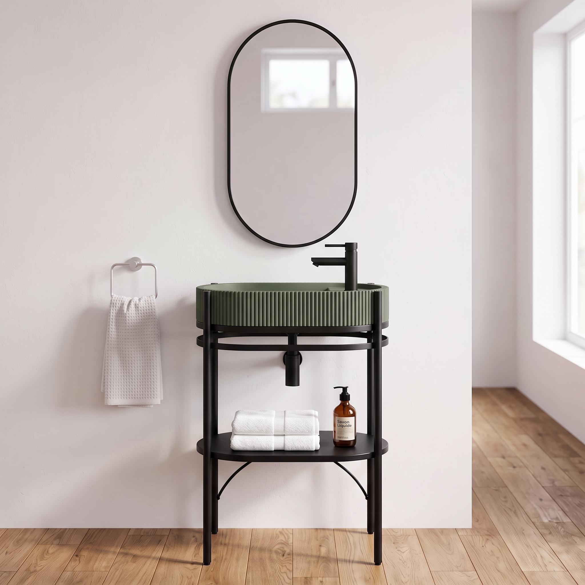 Meuble simple vasque sur pieds 55cm en métal noir et vasque béton  et robinet noir, miroir et colonne