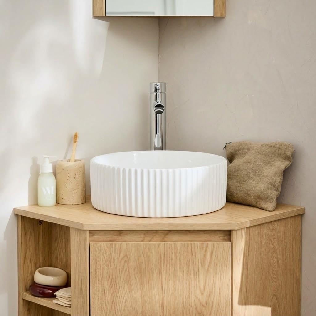 Vasque à poser texturée en céramique blanc ronde 30cm