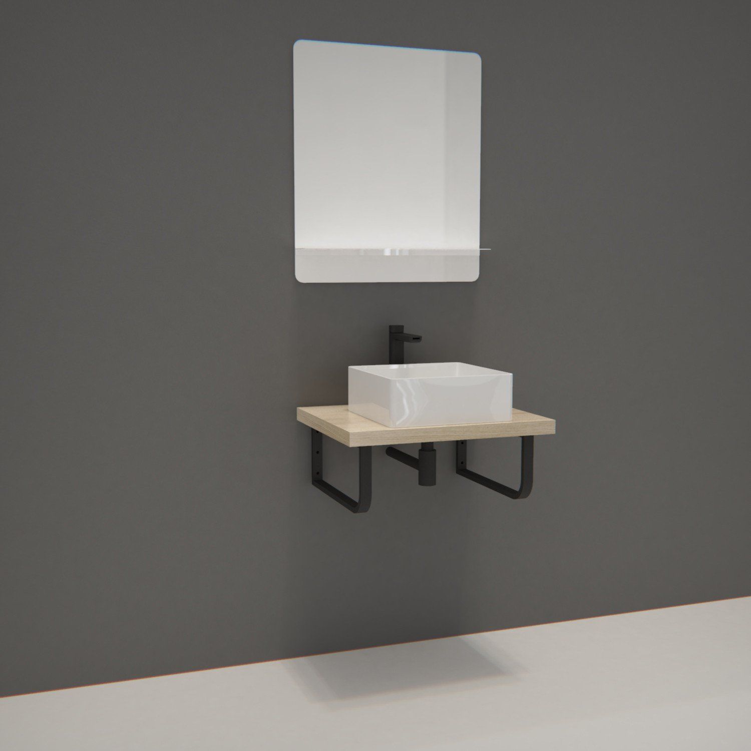 Ensemble de Salle de Bain WILL - Plan suspendu 60 cm + Equerres porte serviettes + Vasque + Miroir