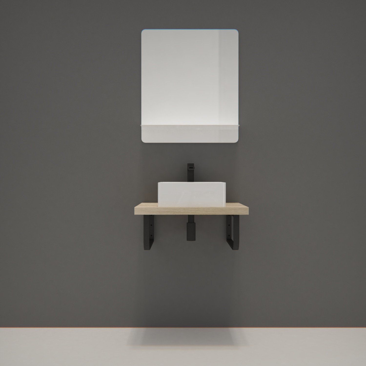 Ensemble de Salle de Bain WILL - Plan suspendu 60 cm + Equerres porte serviettes + Vasque + Miroir