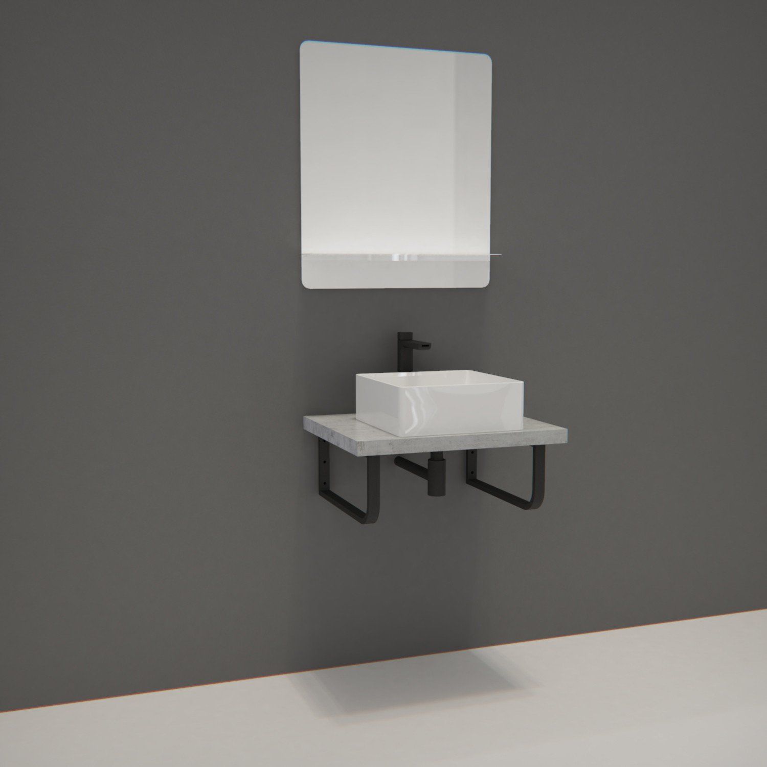 Ensemble de Salle de Bain WILL - Plan suspendu 60 cm + Equerres porte serviettes + Vasque + Miroir