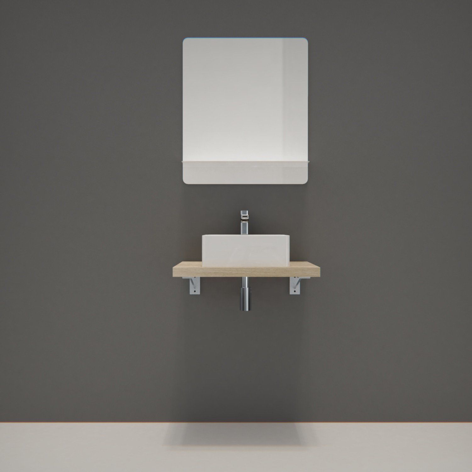 Ensemble de Salle de Bain WILL - Plan suspendu 60 cm + Equerres invisibles + Vasque + Miroir