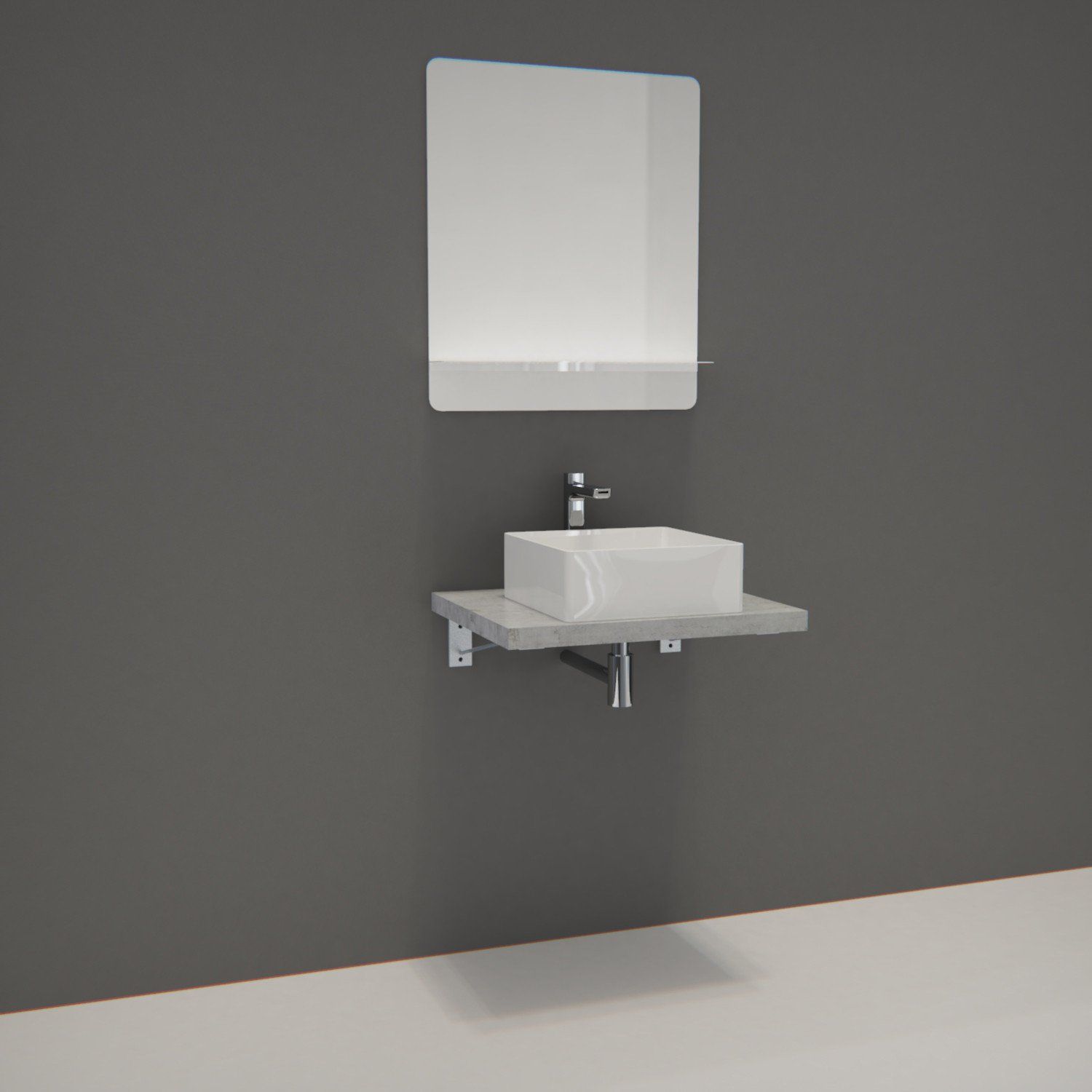 Ensemble de Salle de Bain WILL - Plan suspendu 60 cm + Equerres invisibles + Vasque + Miroir