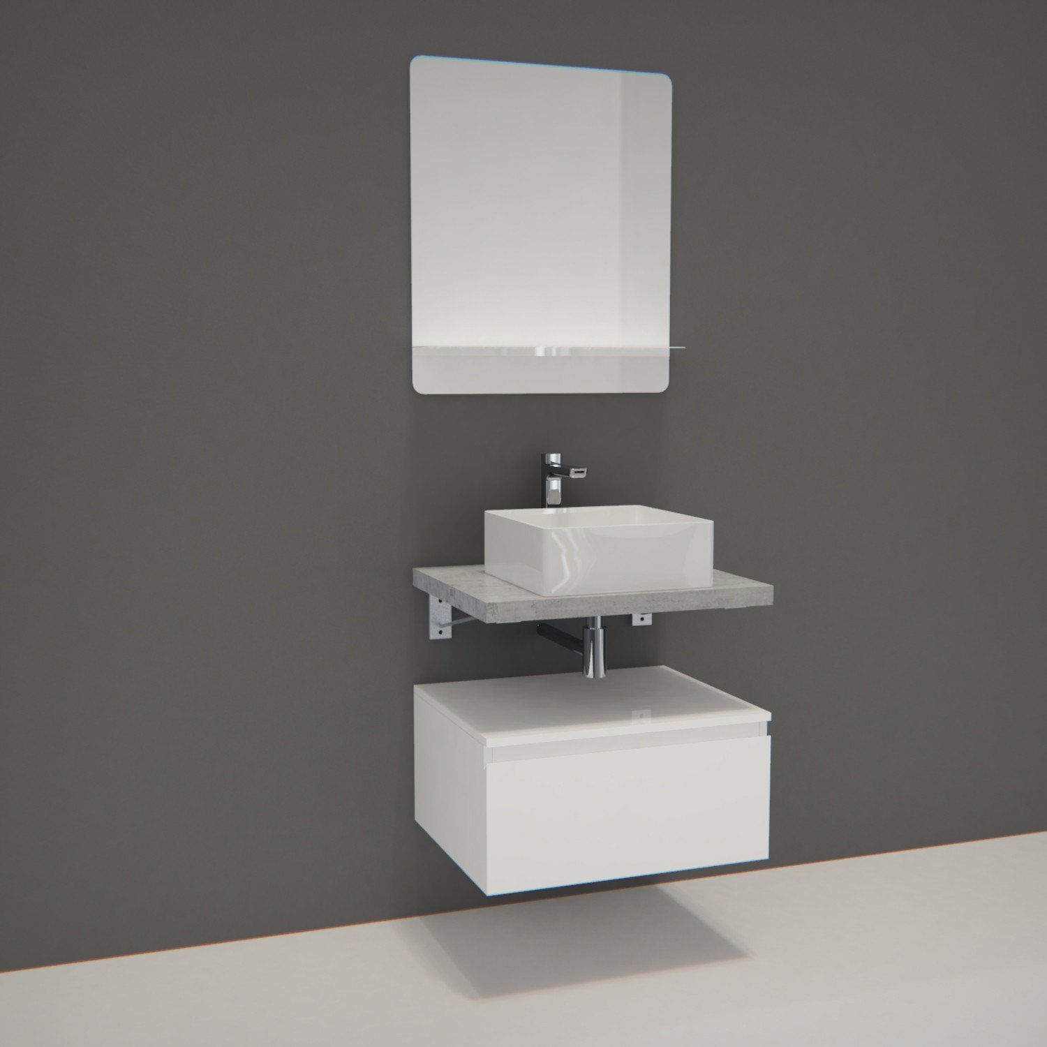 Ensemble de Salle de Bain WILL - Plan suspendu 60 cm + Equerres invisibles + Meuble tiroir + Vasque 