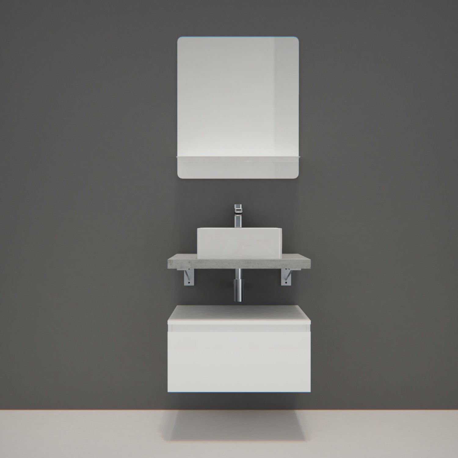 Ensemble de Salle de Bain WILL - Plan suspendu 60 cm + Equerres invisibles + Meuble tiroir + Vasque 