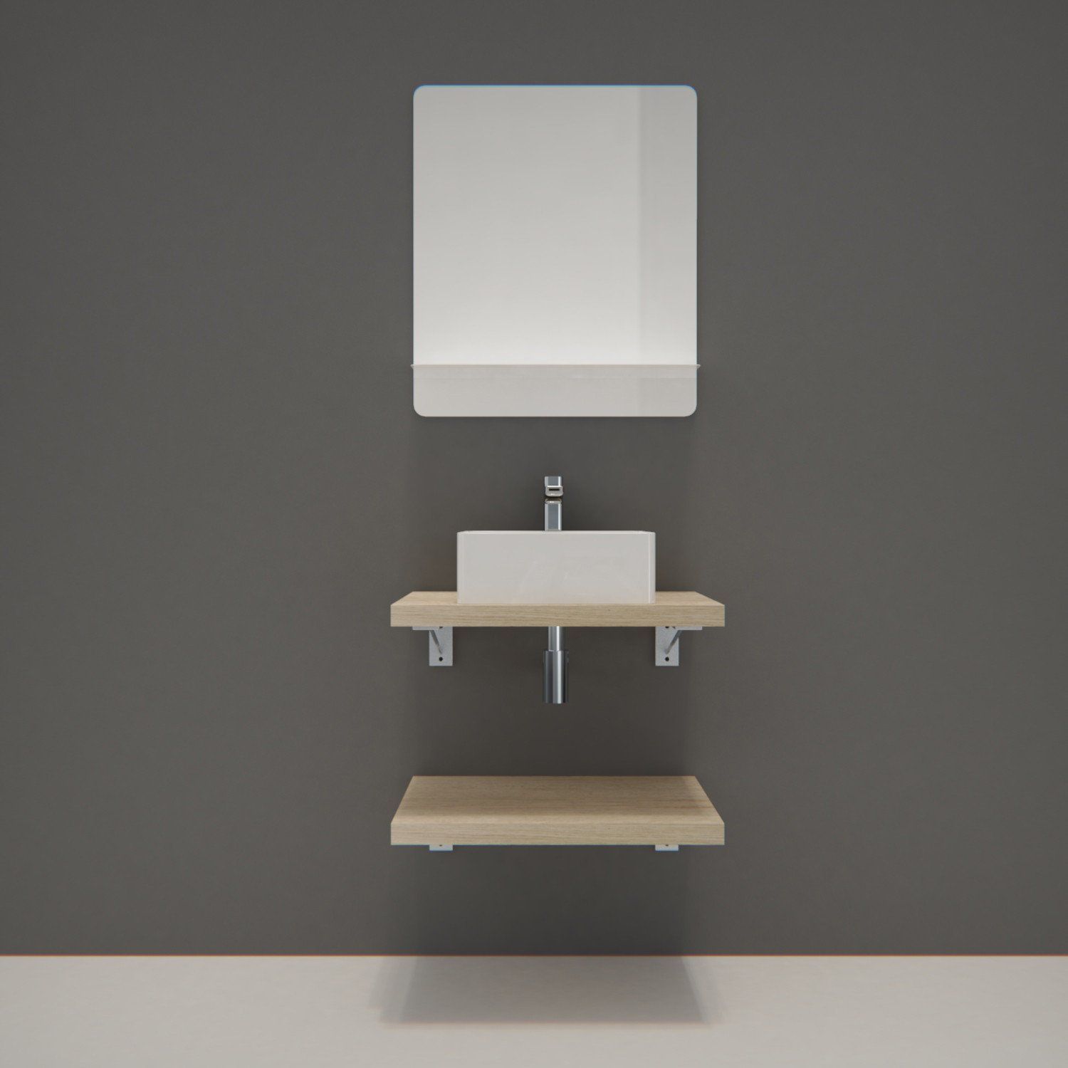 Ensemble de Salle de Bain WILL - Plan suspendu 60 cm x 2 + Equerres invisibles + Vasque + Miroir