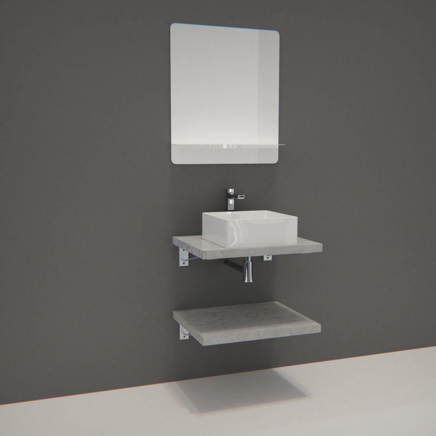 Ensemble de Salle de Bain WILL - Plan suspendu 60 cm x 2 + Equerres invisibles + Vasque + Miroir