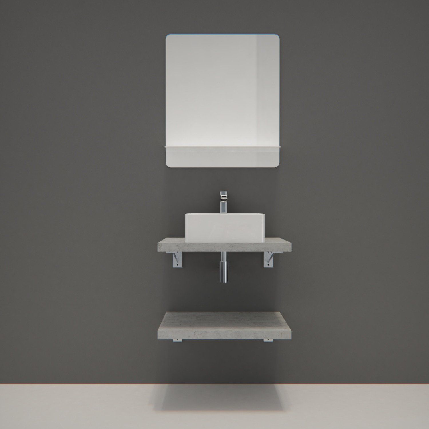 Ensemble de Salle de Bain WILL - Plan suspendu 60 cm x 2 + Equerres invisibles + Vasque + Miroir