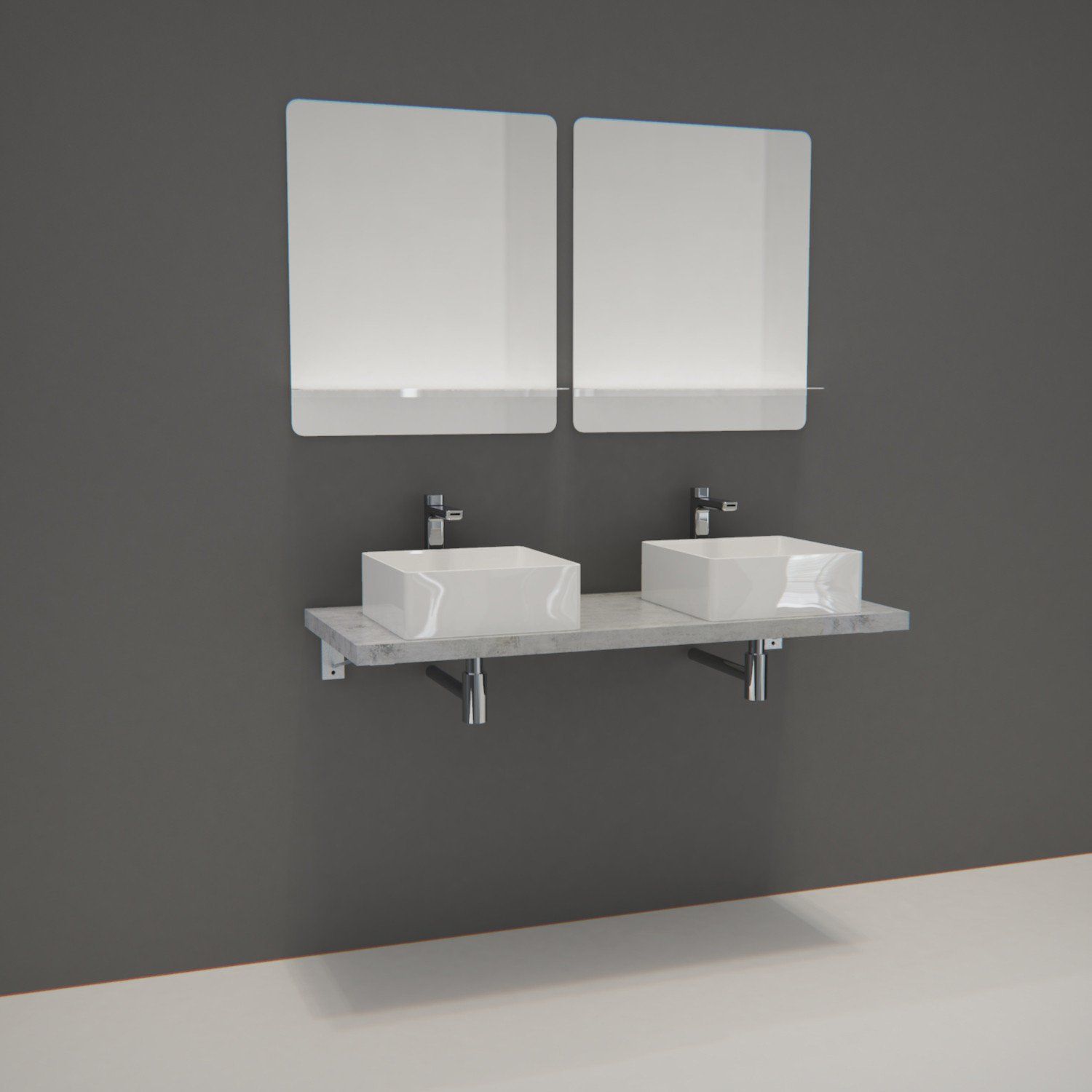 Ensemble de Salle de Bain WILL - Plan suspendu 120 cm + Equerres invisibles + 2 Vasques + 2 Miroirs