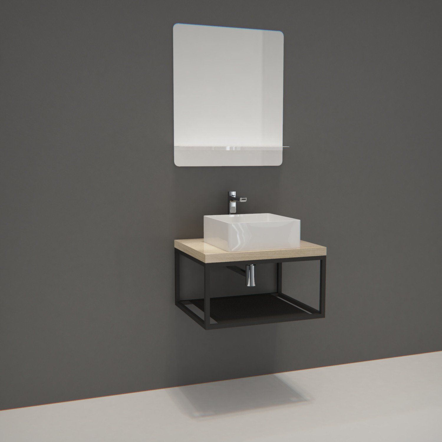 Ensemble de Salle de Bain WILL - Plan de toilette suspendu 60 cm + Structure métal Noir Mat + Vasque