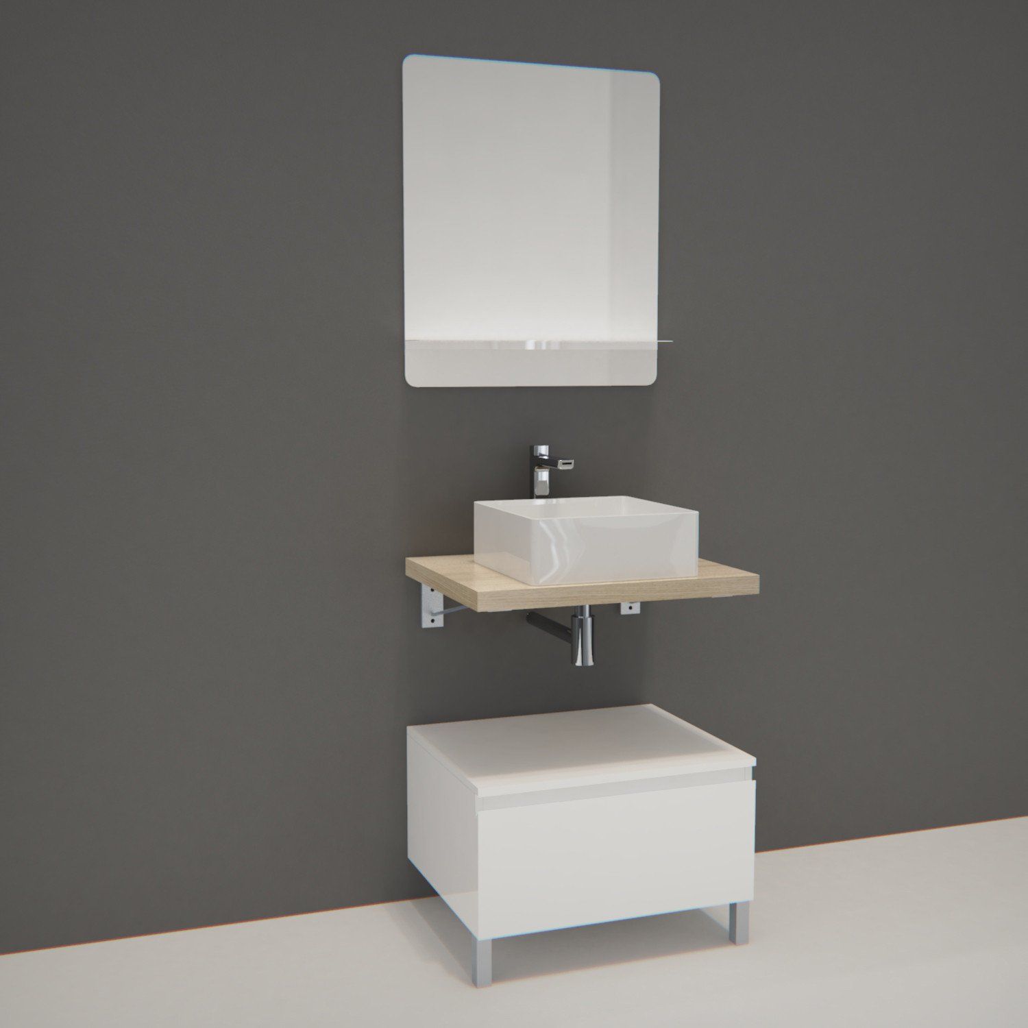Ensemble de Salle de Bain WILL - Plan suspendu 60 cm + Equerres invisibles + Meuble tiroir + Vasque 