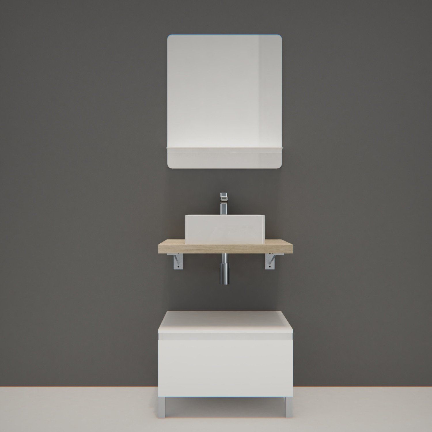Ensemble de Salle de Bain WILL - Plan suspendu 60 cm + Equerres invisibles + Meuble tiroir + Vasque 