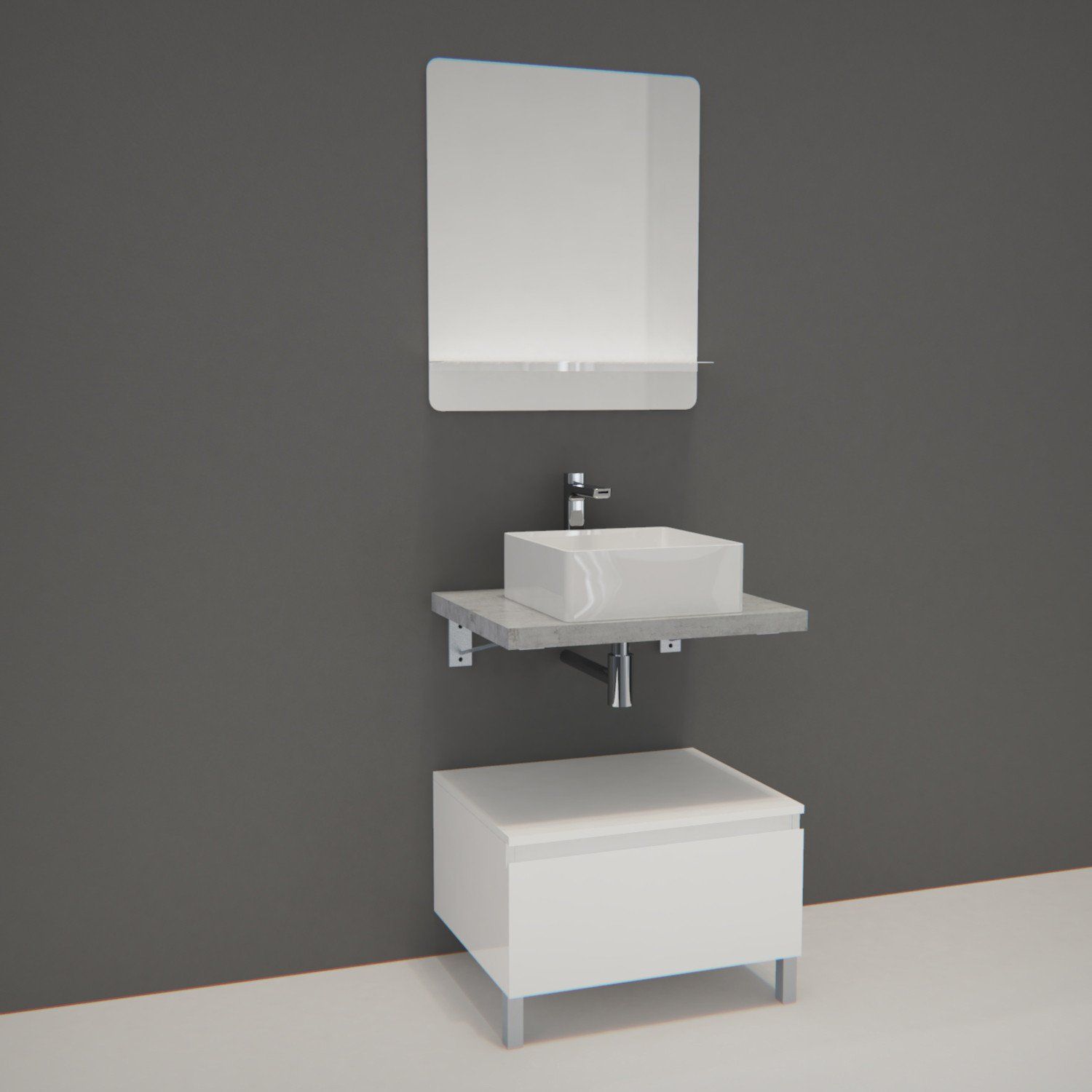 Ensemble de Salle de Bain WILL - Plan suspendu 60 cm + Equerres invisibles + Meuble tiroir + Vasque 