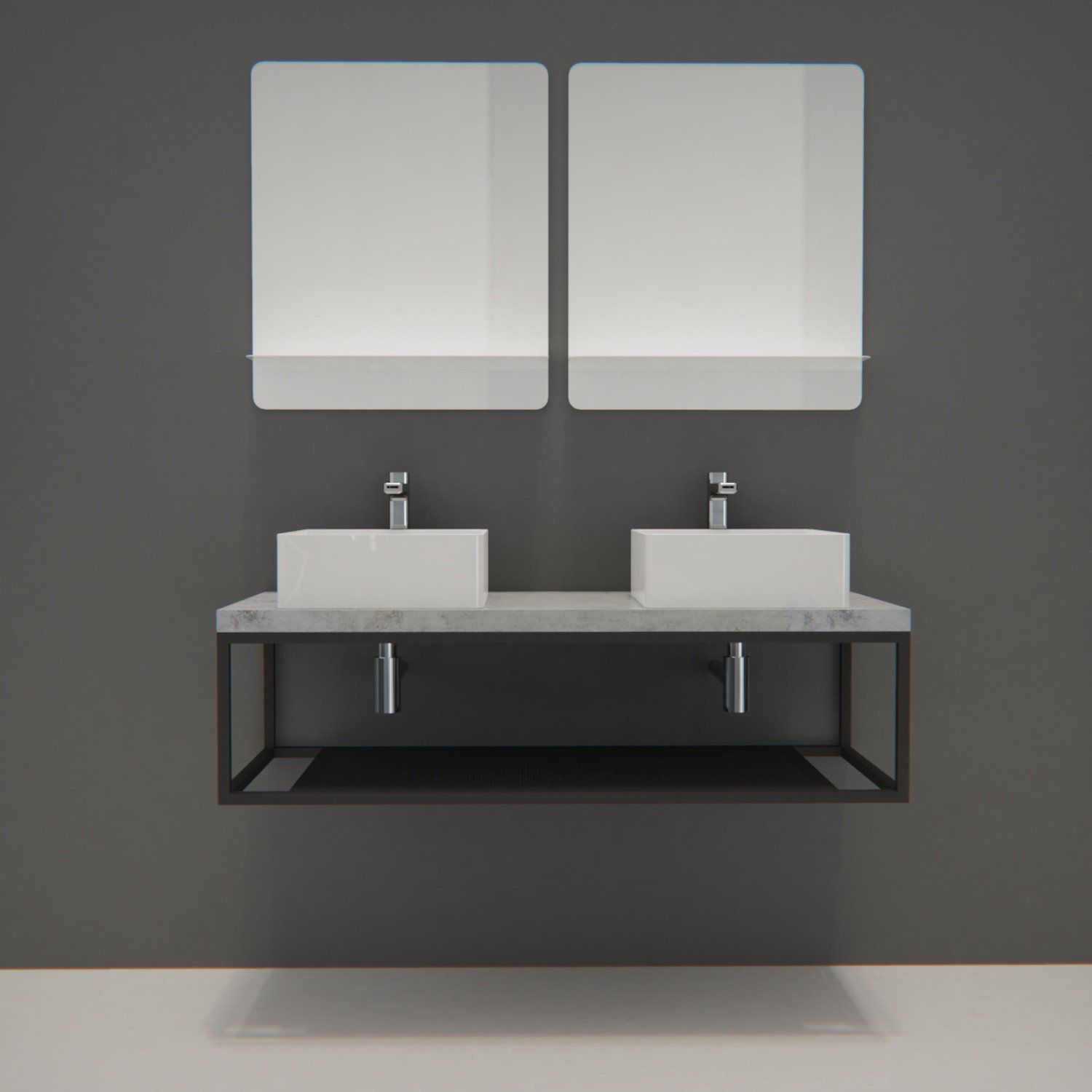 Ensemble de Salle de Bain WILL - Plan suspendu 120 cm + Structure métal + 2 Vasques + 2 Miroirs