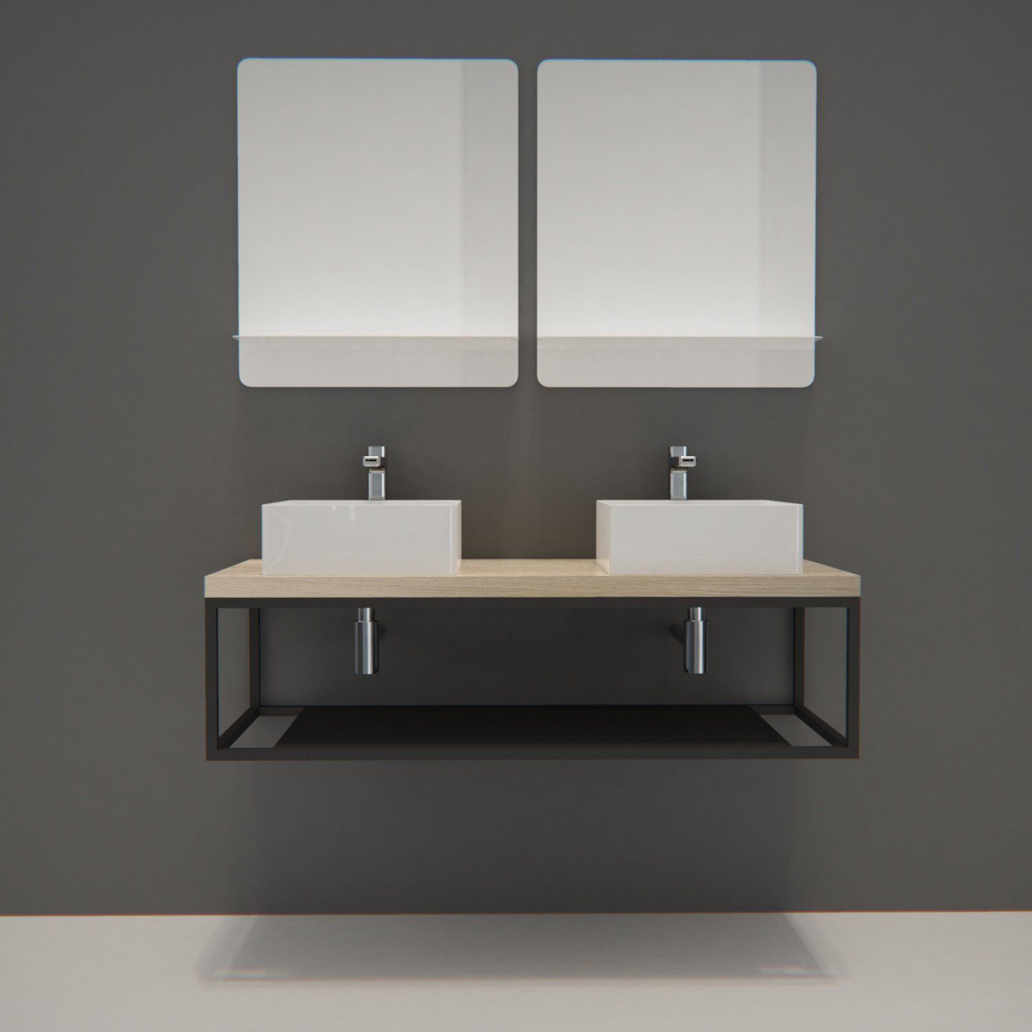 Ensemble de Salle de Bain WILL - Plan suspendu 120 cm + Structure métal + 2 Vasques + 2 Miroirs