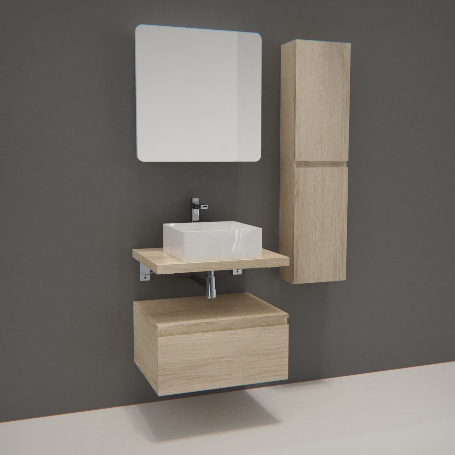 Ensemble de Salle de Bain WILL - Plan suspendu + Equerres + 3 Meubles de rangement + Vasque + Armoir