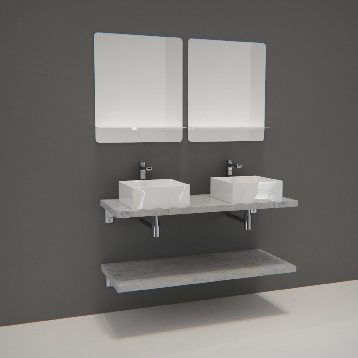 Ensemble de Salle de Bain WILL - Plan suspendu 120 cm + Equerres invisibles + 2 Vasques + 2 Miroirs