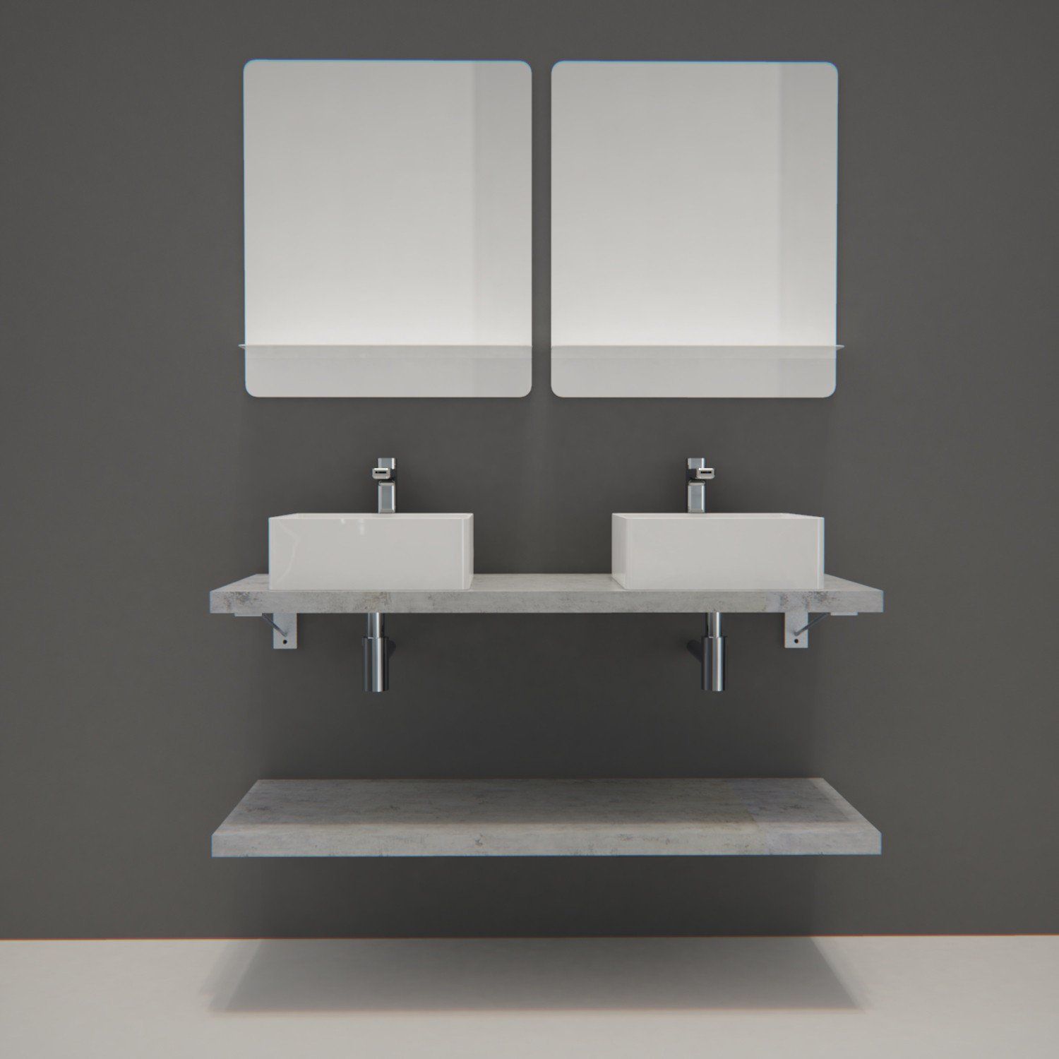 Ensemble de Salle de Bain WILL - Plan suspendu 120 cm + Equerres invisibles + 2 Vasques + 2 Miroirs