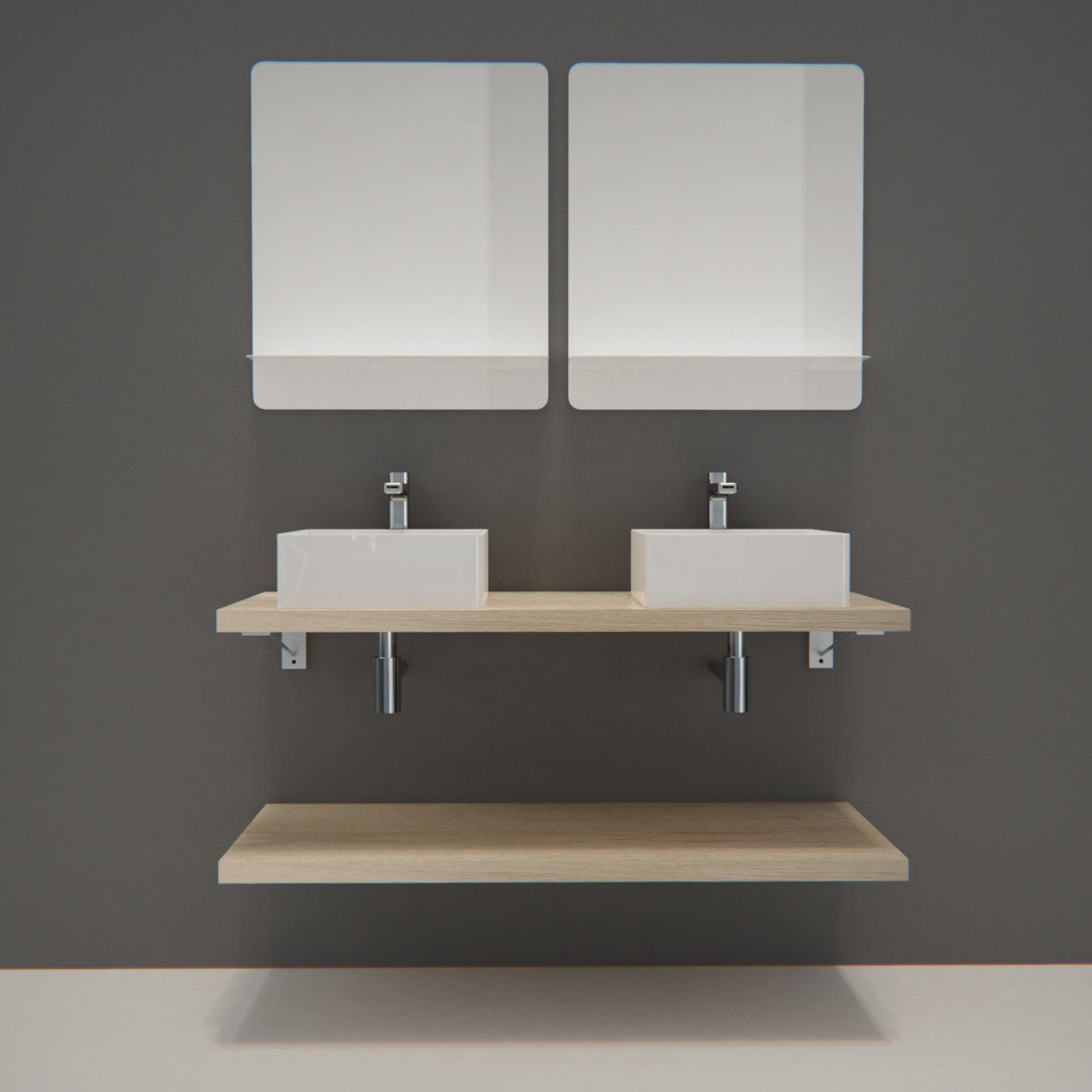 Ensemble de Salle de Bain WILL - Plan suspendu 120 cm + Equerres invisibles + 2 Vasques + 2 Miroirs