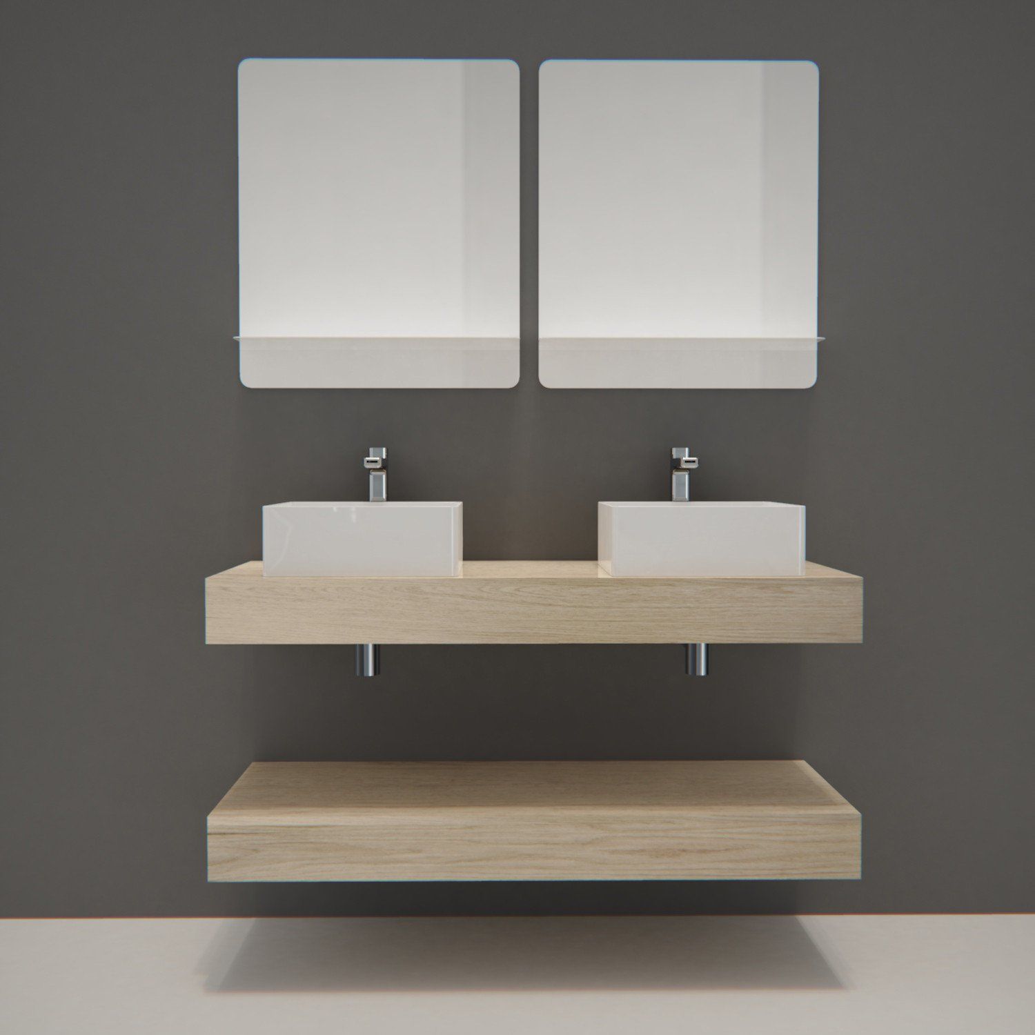 Ensemble de Salle de Bain WILL - Plan épais 120 cm + Equerres invisibles + 2 Vasques + 2 Miroirs