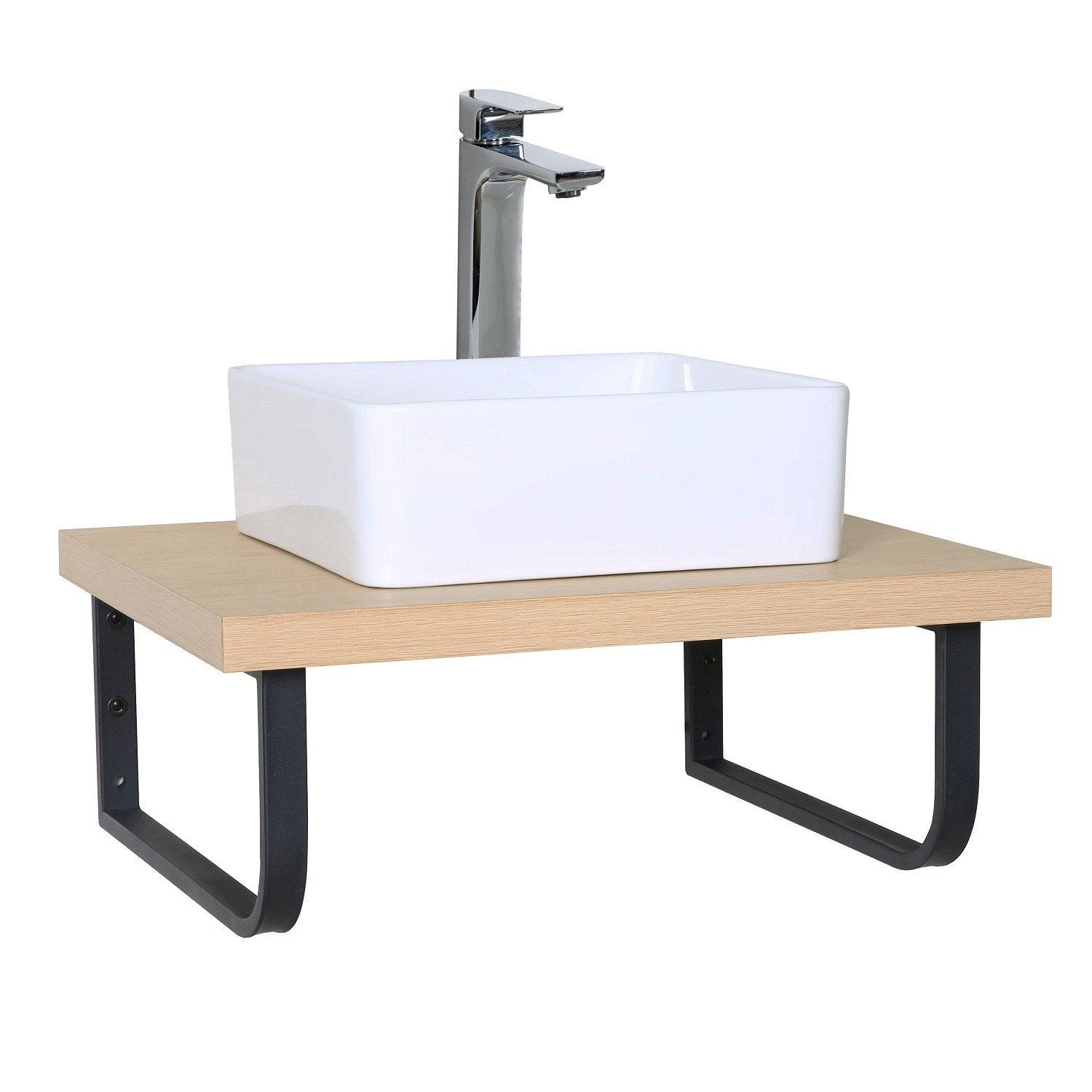 Ensemble de Salle de Bain WILL - Plan suspendu 60 cm + Equerres porte serviettes + Vasque + Miroir