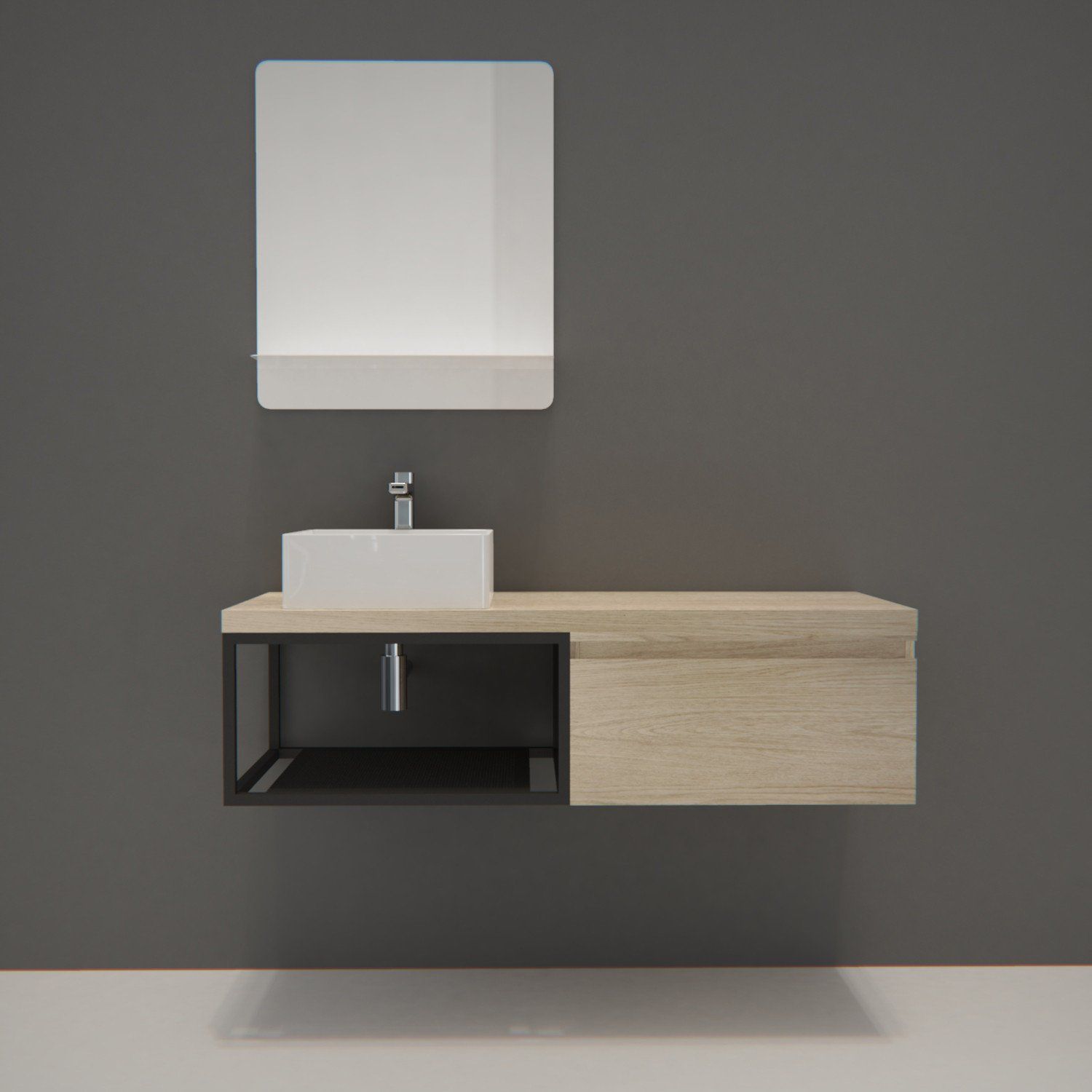 Meuble de Salle de Bain Bois et Métal WILL - Plan de toilette suspendu 120 cm + Vasque + Miroir