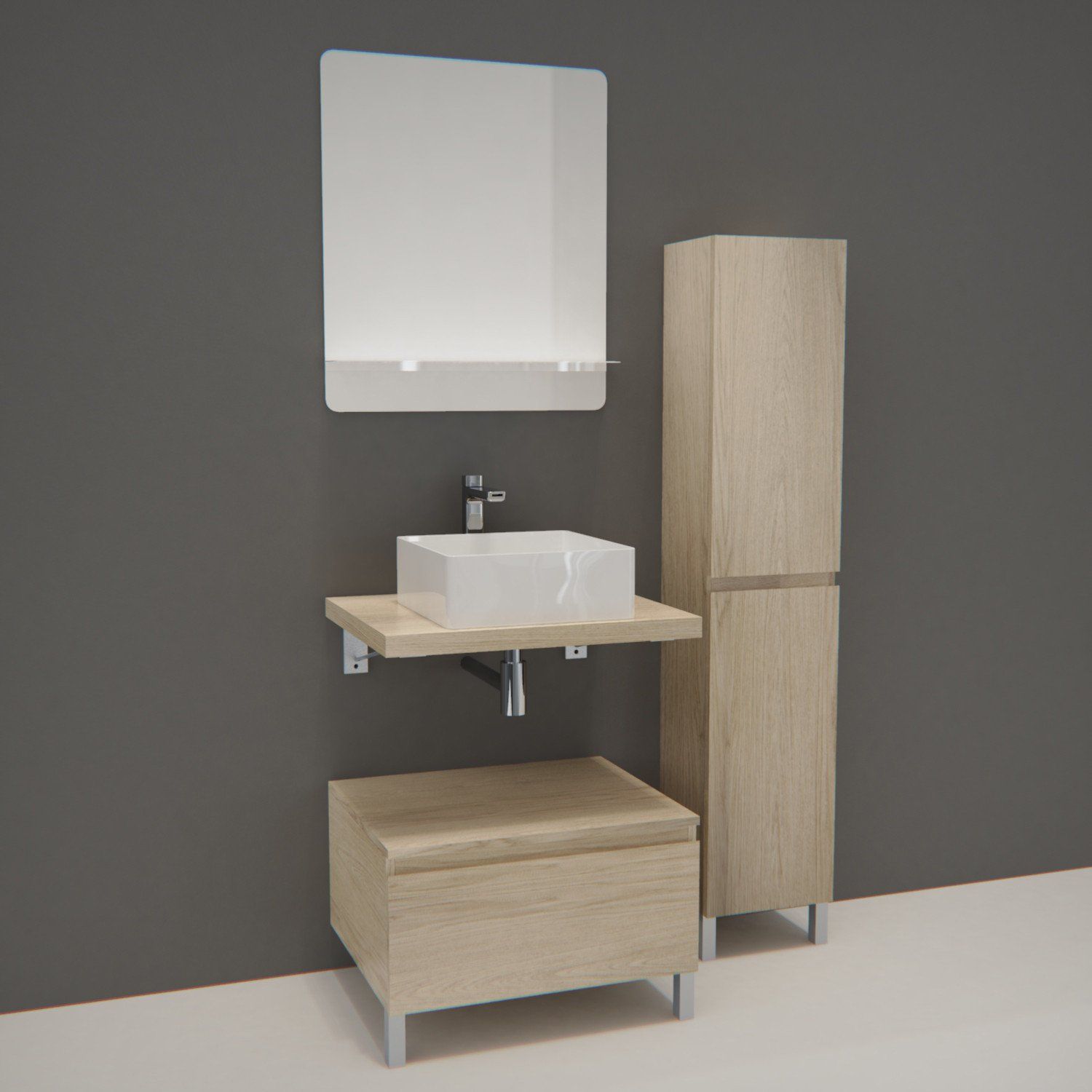 Meuble de Salle de Bain WILL - Plan suspendu 60 cm + Vasque + Miroir + Colonne + Equerres + Pieds