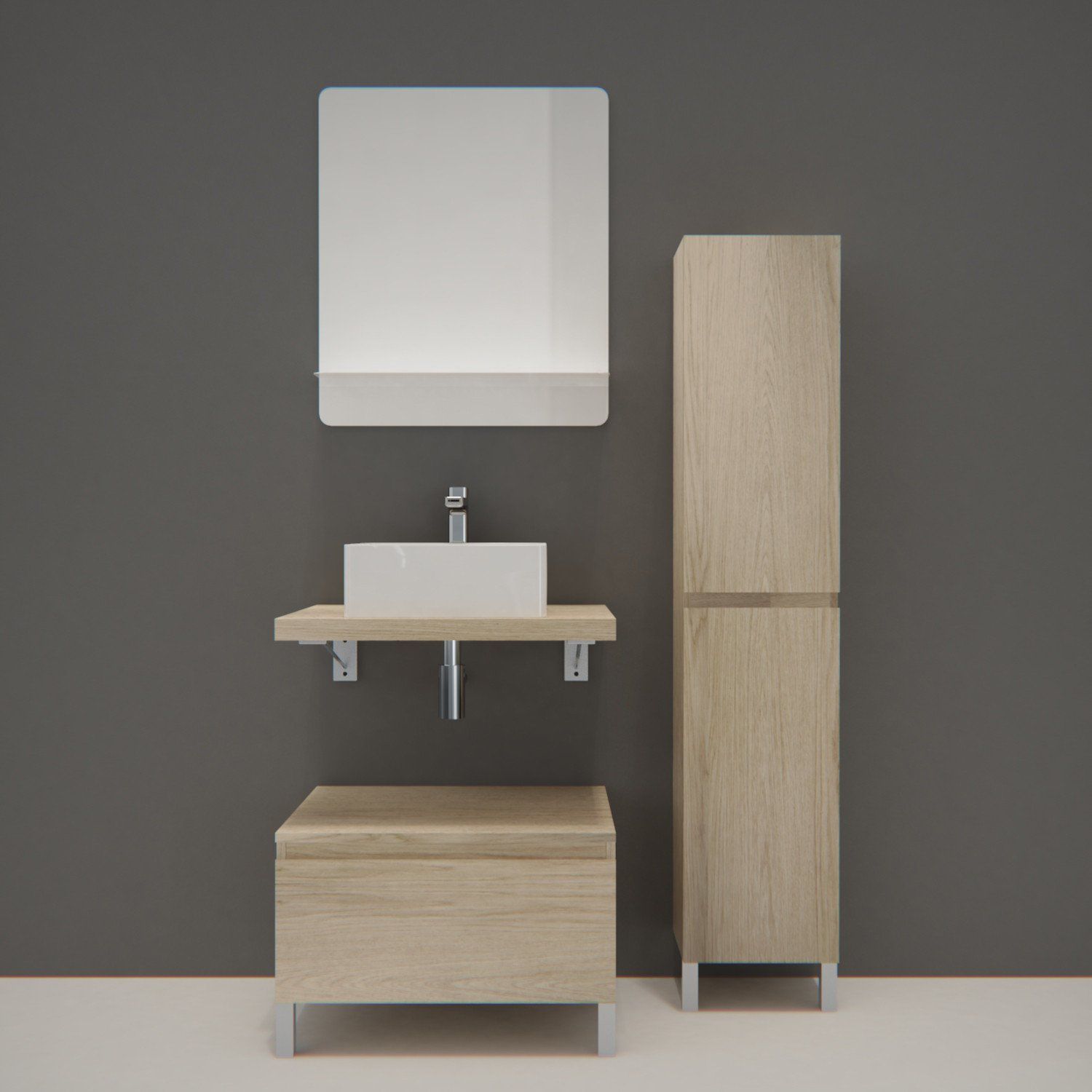 Meuble de Salle de Bain WILL - Plan suspendu 60 cm + Vasque + Miroir + Colonne + Equerres + Pieds