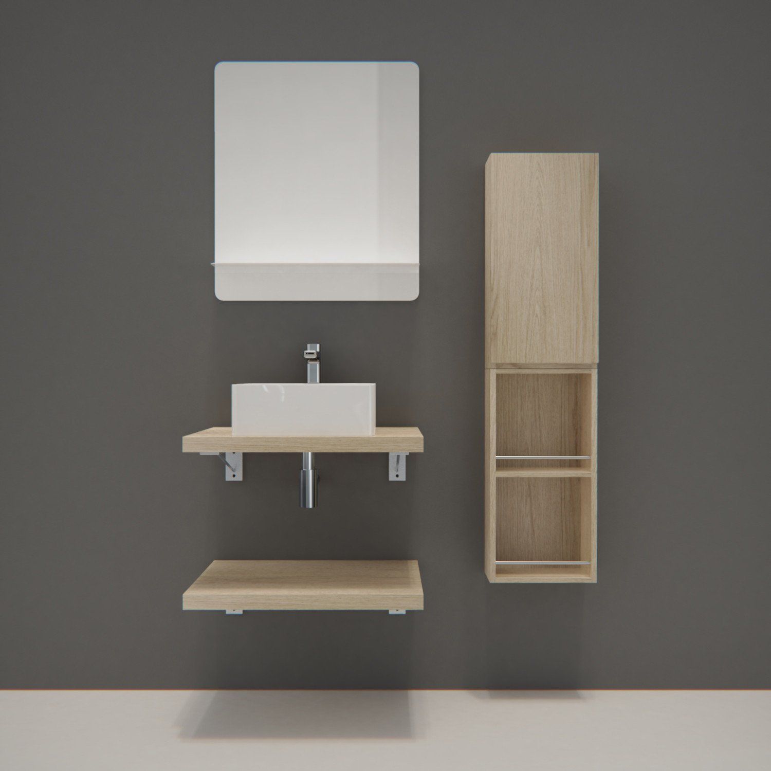 Ensemble de Salle de Bain WILL - Plan suspendu 60 cm x 2 + Equerres invisibles + Vasque + Miroir