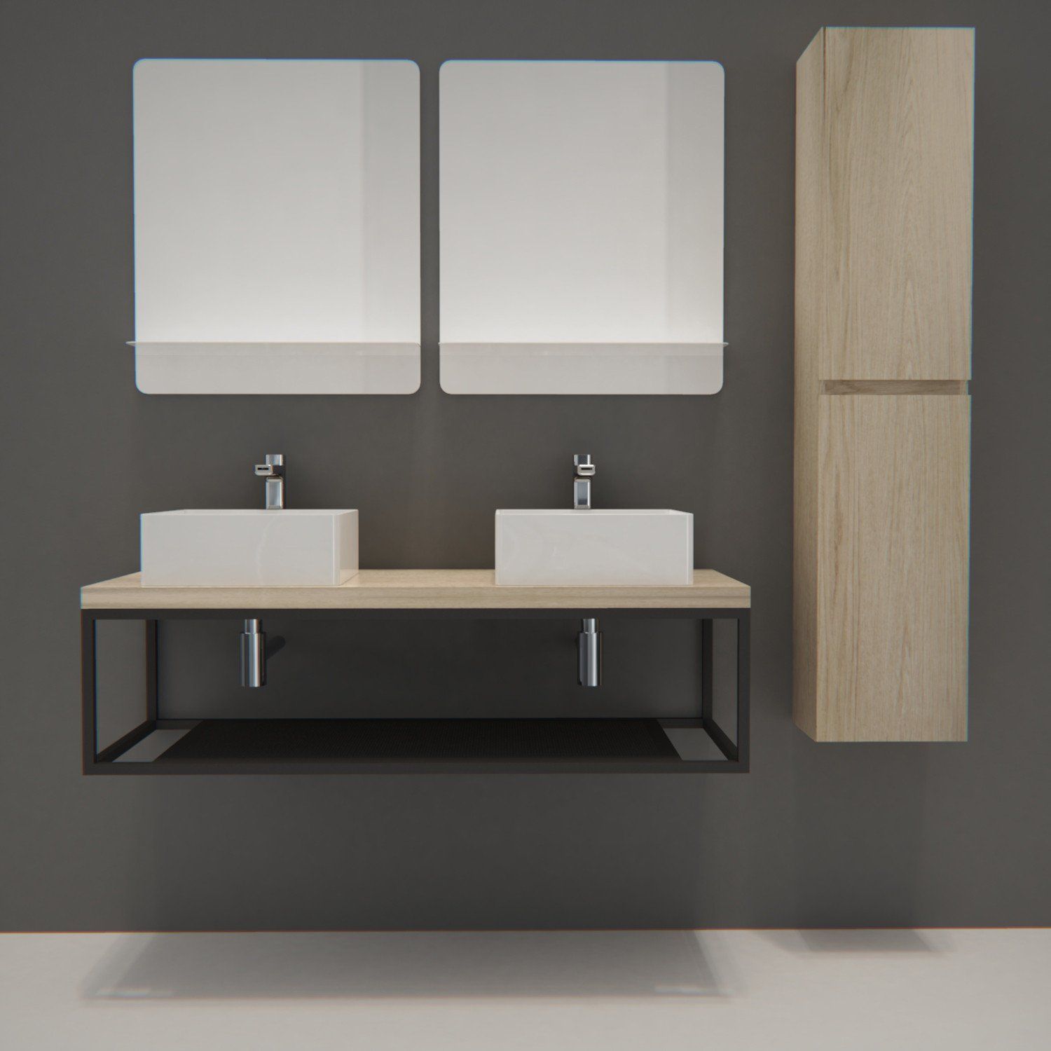 Ensemble de Salle de Bain WILL - Plan suspendu 120 cm + Structure métal + 2 Vasques + 2 Miroirs