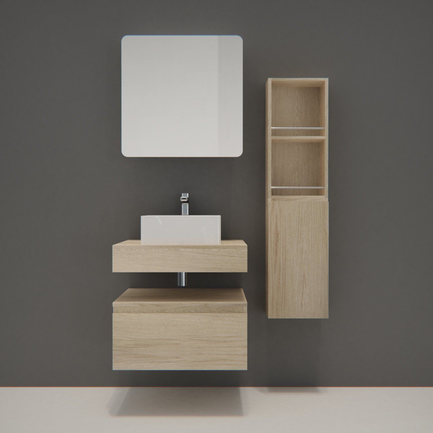 Ensemble de Salle de Bain WILL - Plan suspendu + Equerres + Meubles de rangement + Vasque + Armoire 